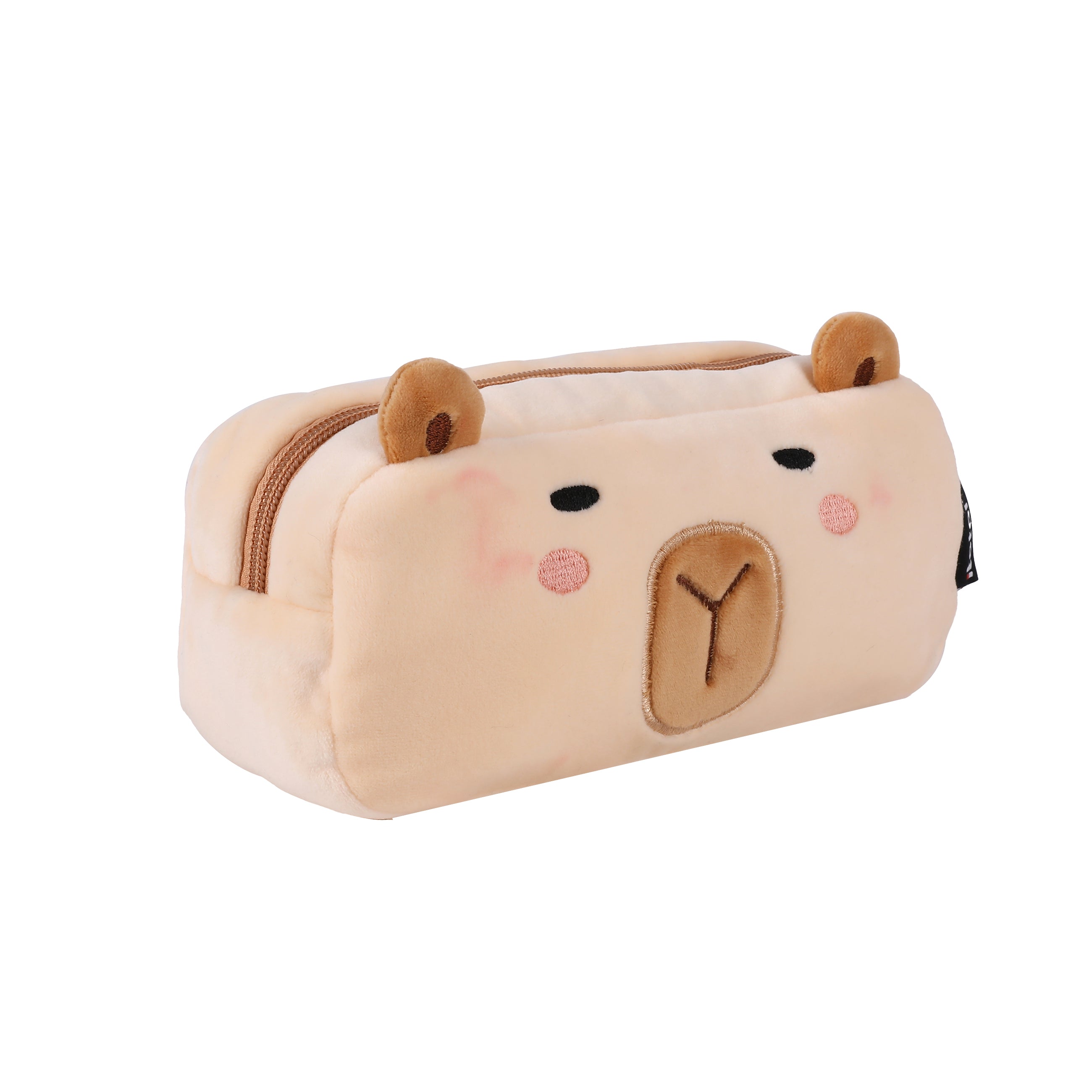 i-Total Federmäppchen, beige-brauner Plüsch, Capybara-Design, weiches Material, Etui für Schreibwaren, Seitenansicht.