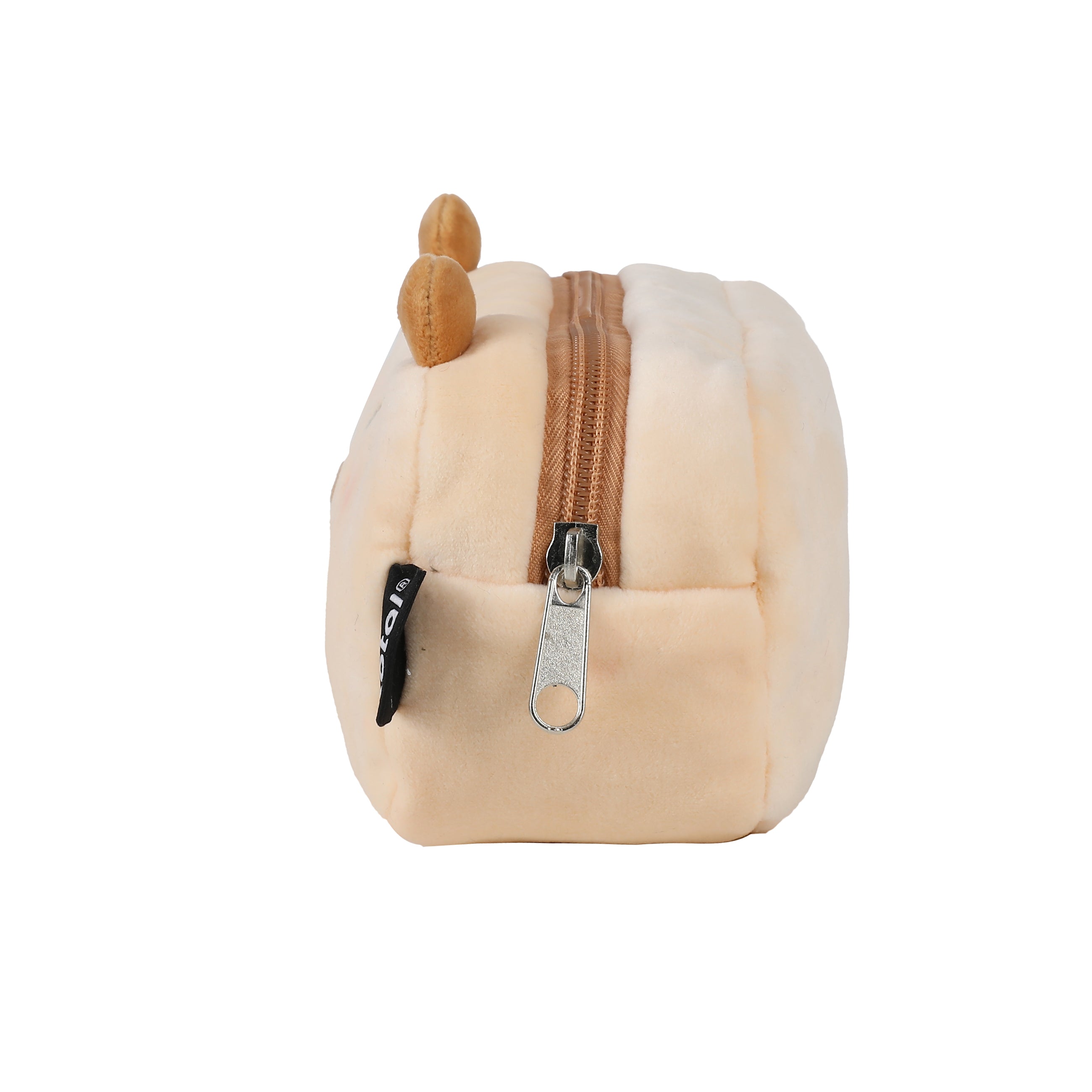 i-Total Federmäppchen, beige-brauner Plüsch, Capybara-Design, weiches Material, Etui für Schreibwaren, Profilansicht.