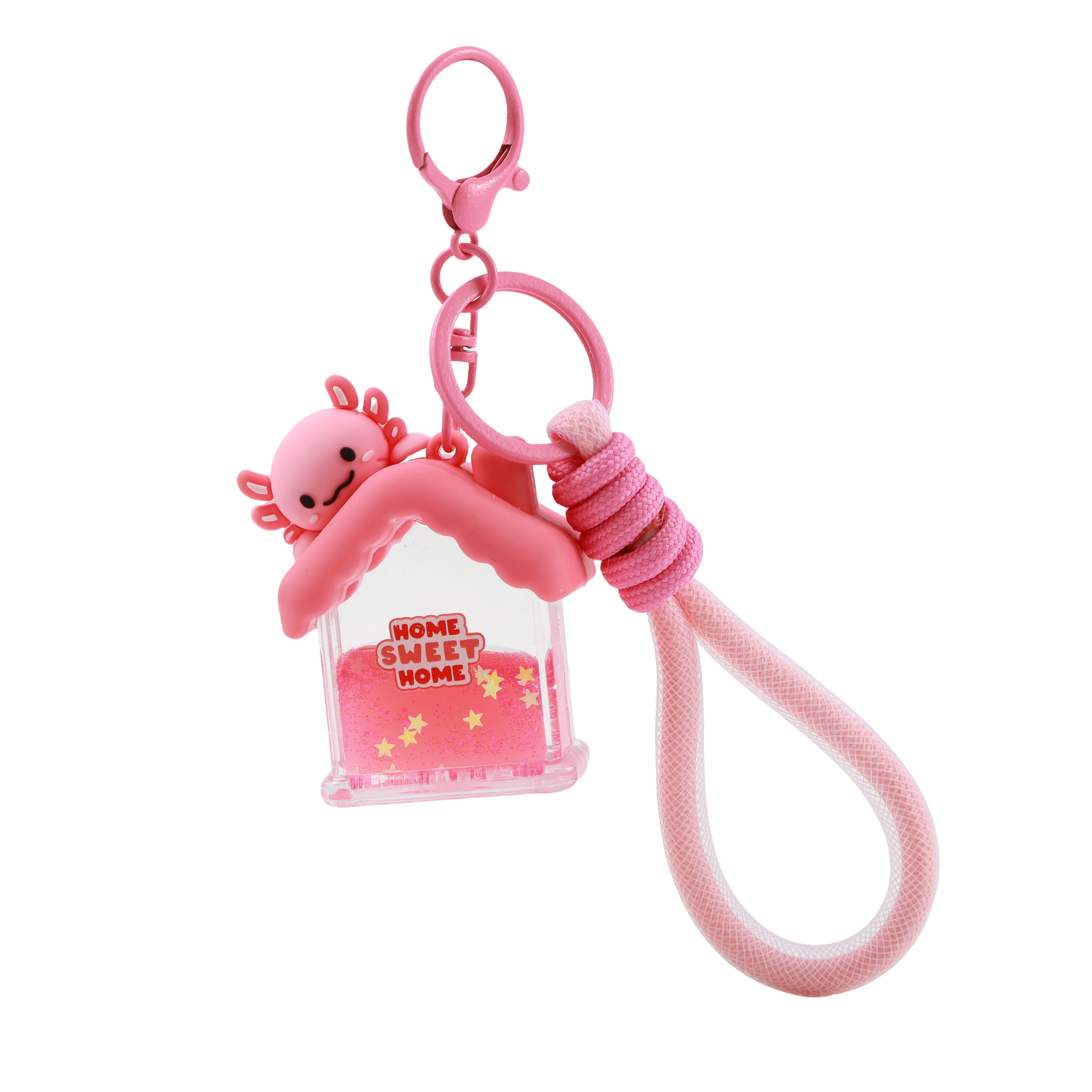 itotal Schlüsselanhänger Axolotl Haus, rosa Figur, Glitzer-Flüssigkeit, Karabiner, Kordel.