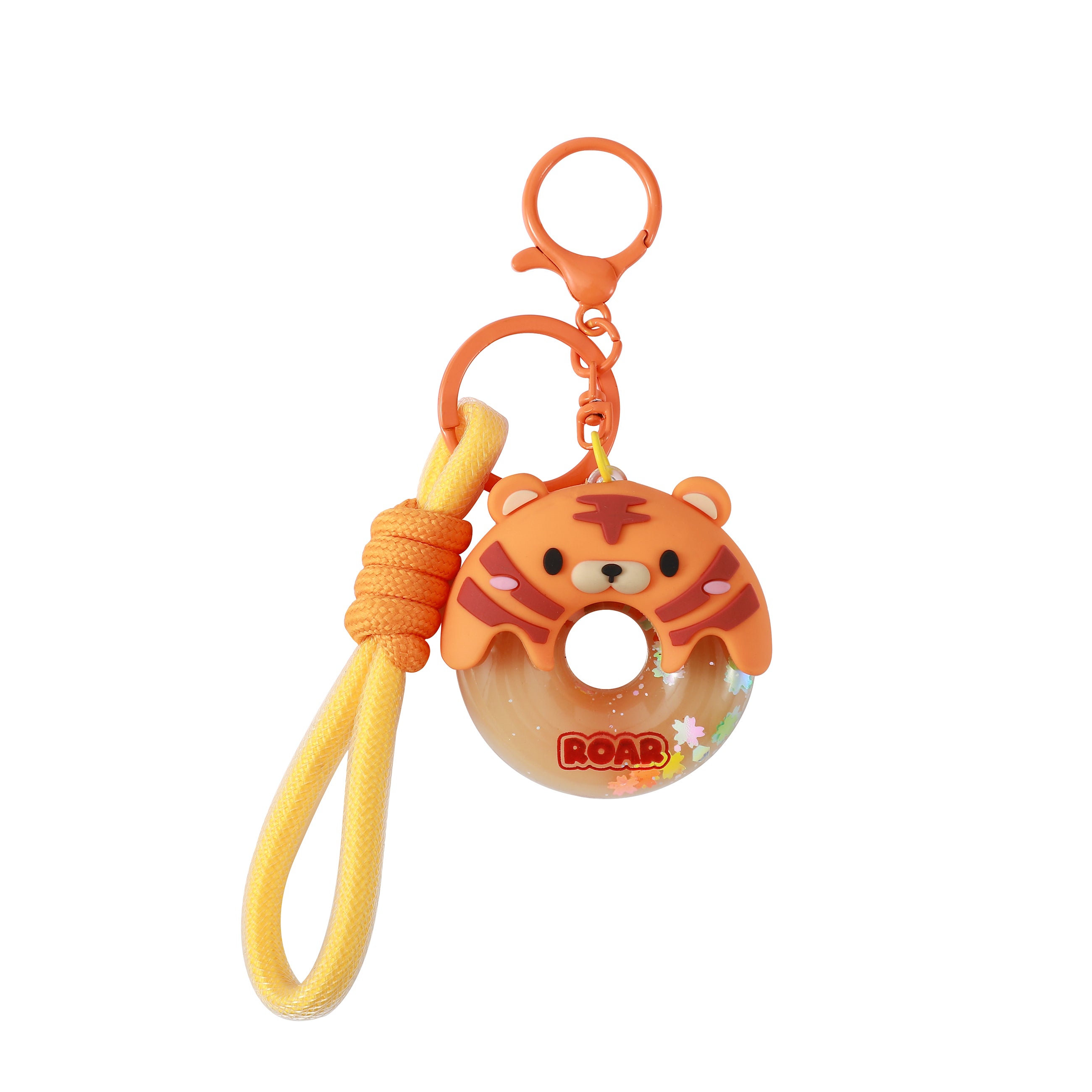 itotal Schlüsselanhänger Donut Tiger, orangefarbene Figur, gelbe Kordel, Karabiner, Kunststoff.