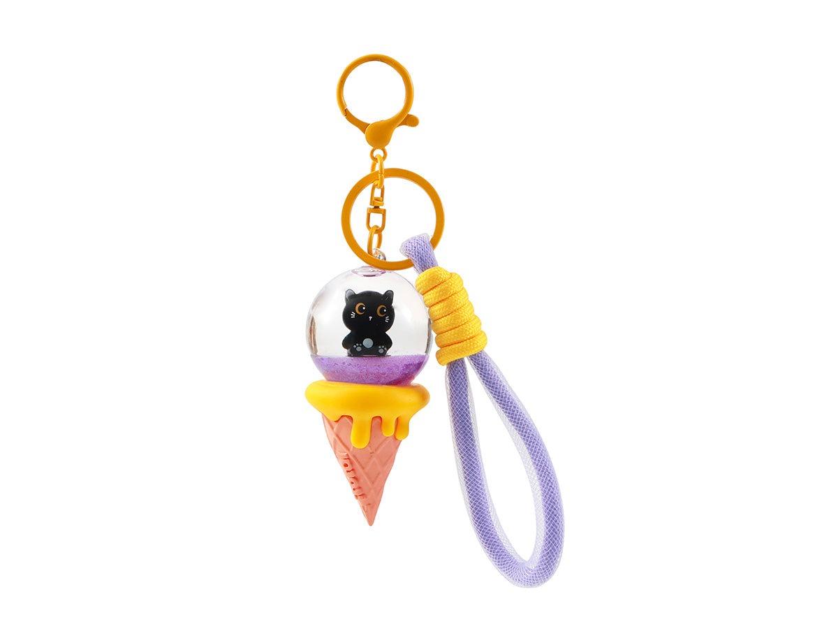 itotal Schlüsselanhänger Ice Cream Cat, schwarze Figur, Flüssigkeit, Karabiner, Kordel.