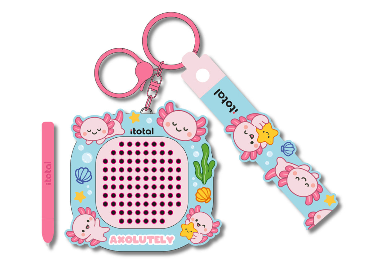 iTotal Schlüsselanhänger mit Axolotl-Puzzle-Spiel, passendem Silikon-Armband, Eingabestift und niedlichen Axolotl-Illustrationen auf hellblauem Hintergrund.