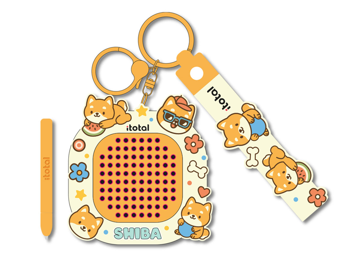 iTotal Schlüsselanhänger mit Shiba-Inu-Puzzle-Spiel, passendem Silikon-Armband, Eingabestift und niedlichen Hunde-Illustrationen auf cremefarbenem Hintergrund.