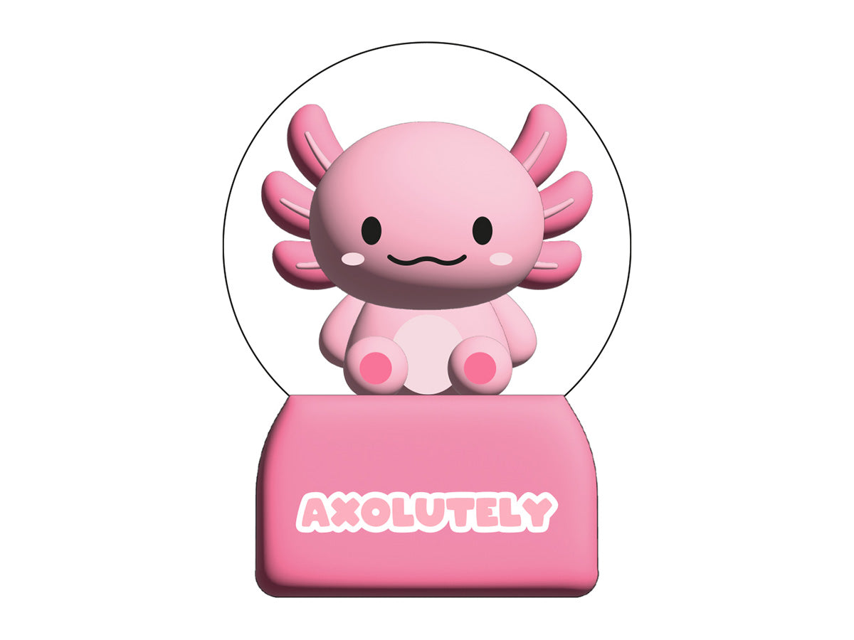 Rosa Axolotl-Schneekugel mit niedlicher Figur und dem Schriftzug „AXOLUTELY“.