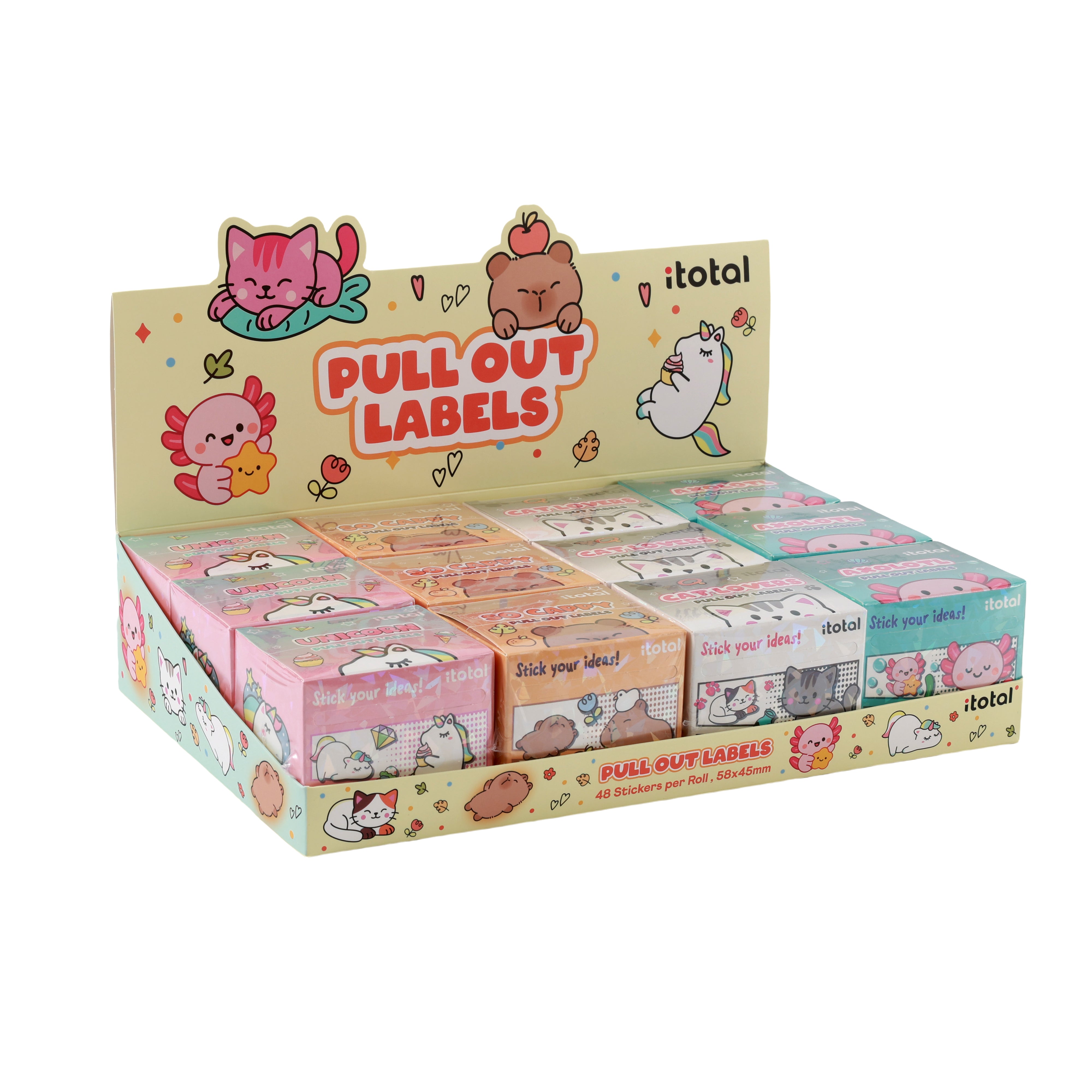 Verkaufsdisplay mit verschiedenen iTotal „Pull Out Labels“ Stickerrollen mit Tiermotiven.