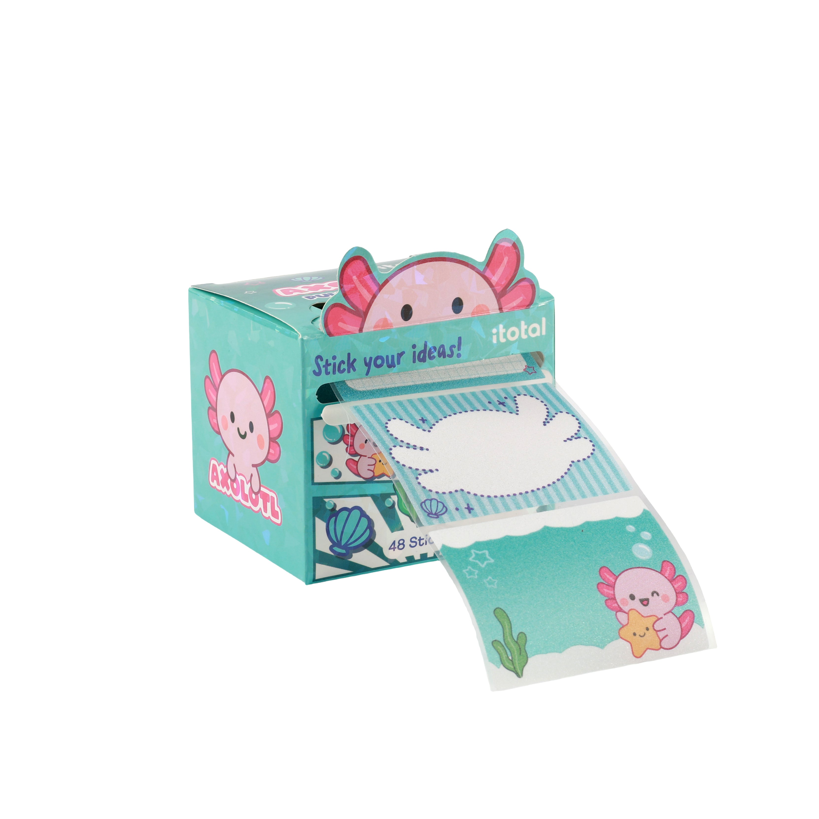 iTotal Stickerrolle im Spenderkarton mit niedlichen Axolotl-Motiven zum Beschriften.