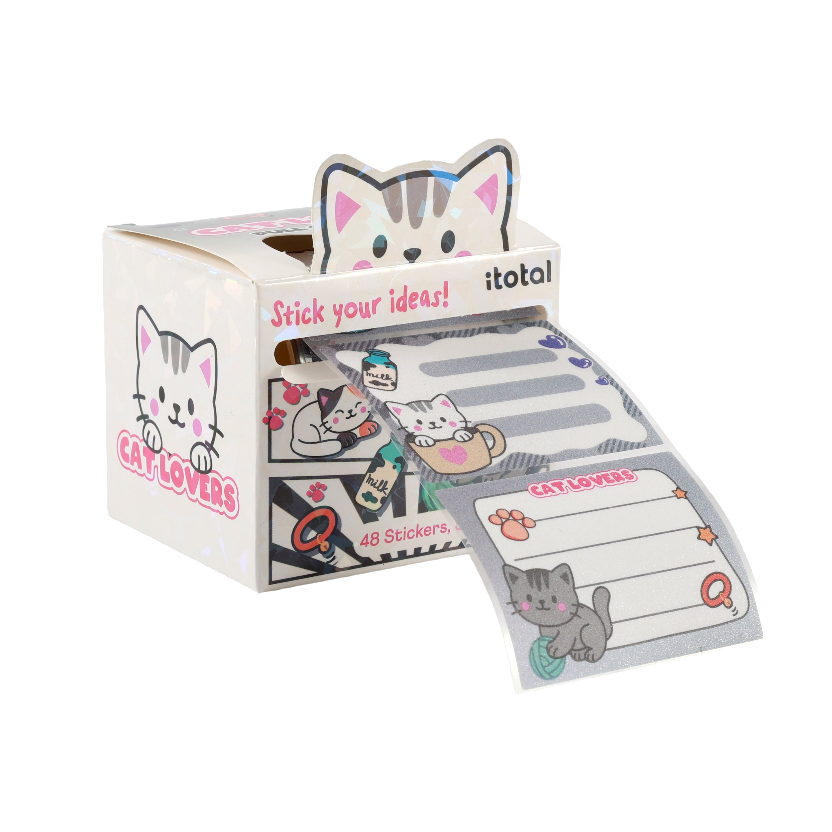 iTotal Stickerrolle im Spenderkarton mit niedlichen Katzen-Motiven zum Beschriften.