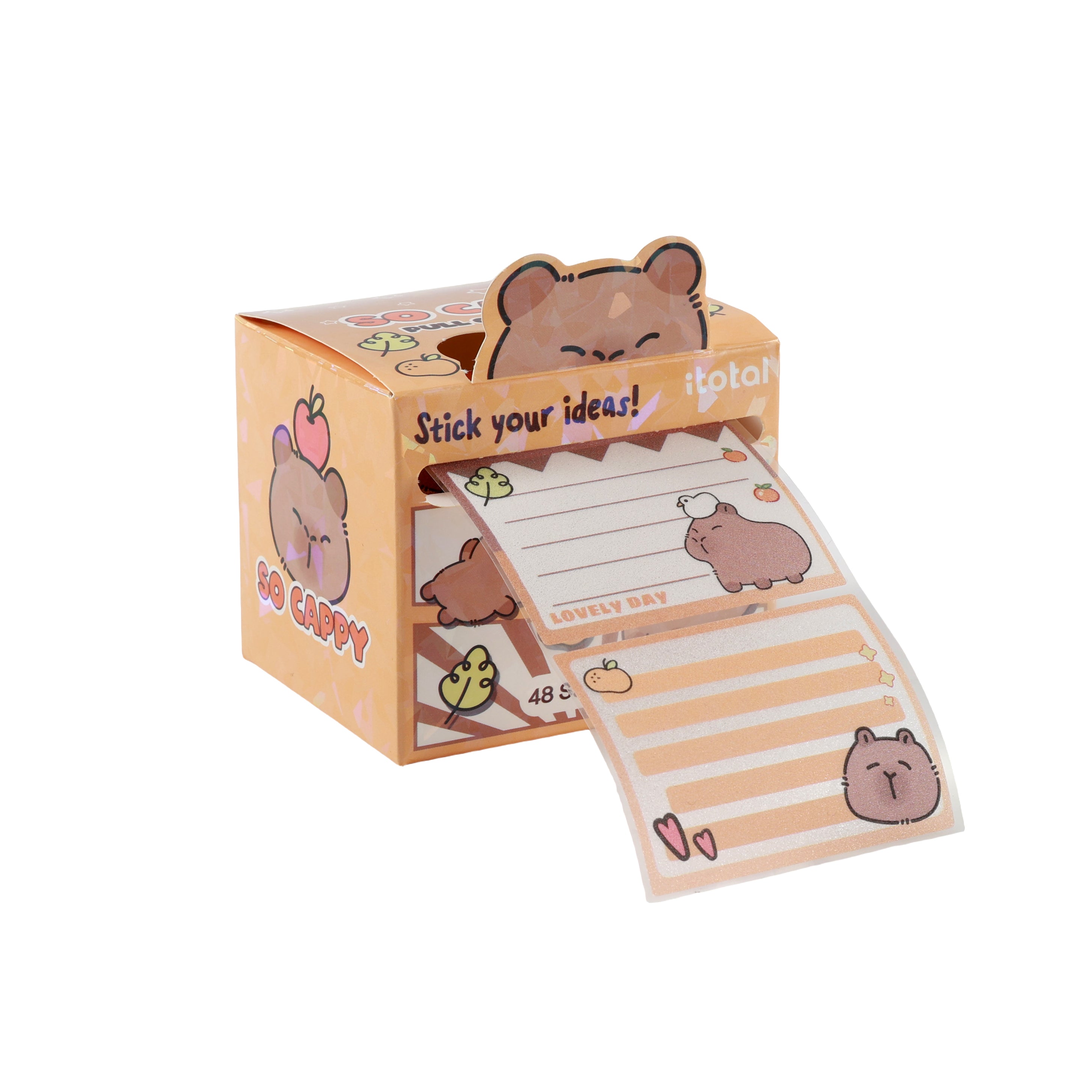 iTotal Stickerrolle im Spenderkarton mit niedlichen Capybara-Motiven zum Beschriften.
