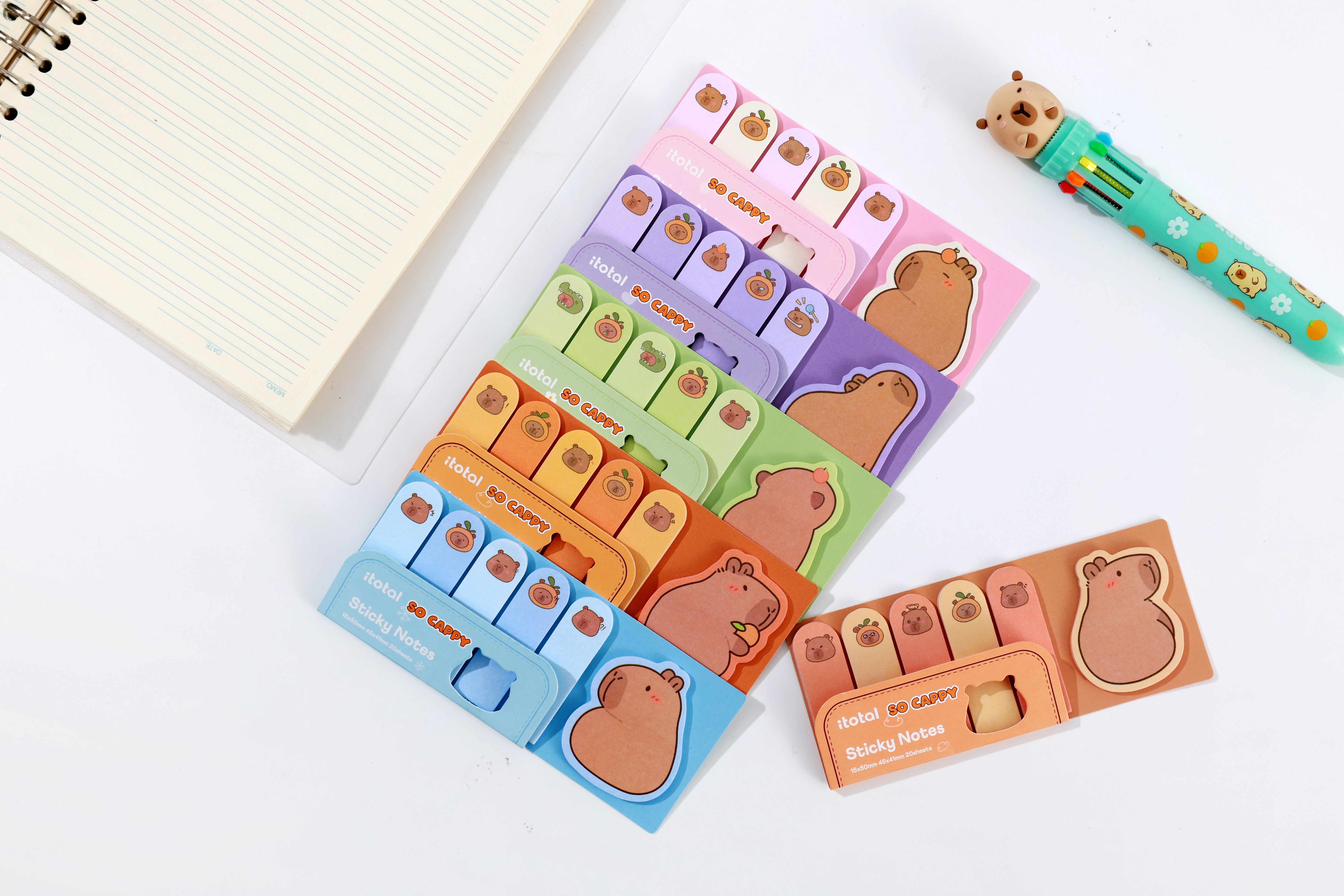 Bunte Capybara-Haftnotizen-Sets, ein Notizbuch und ein passender Mehrfarbkugelschreiber.