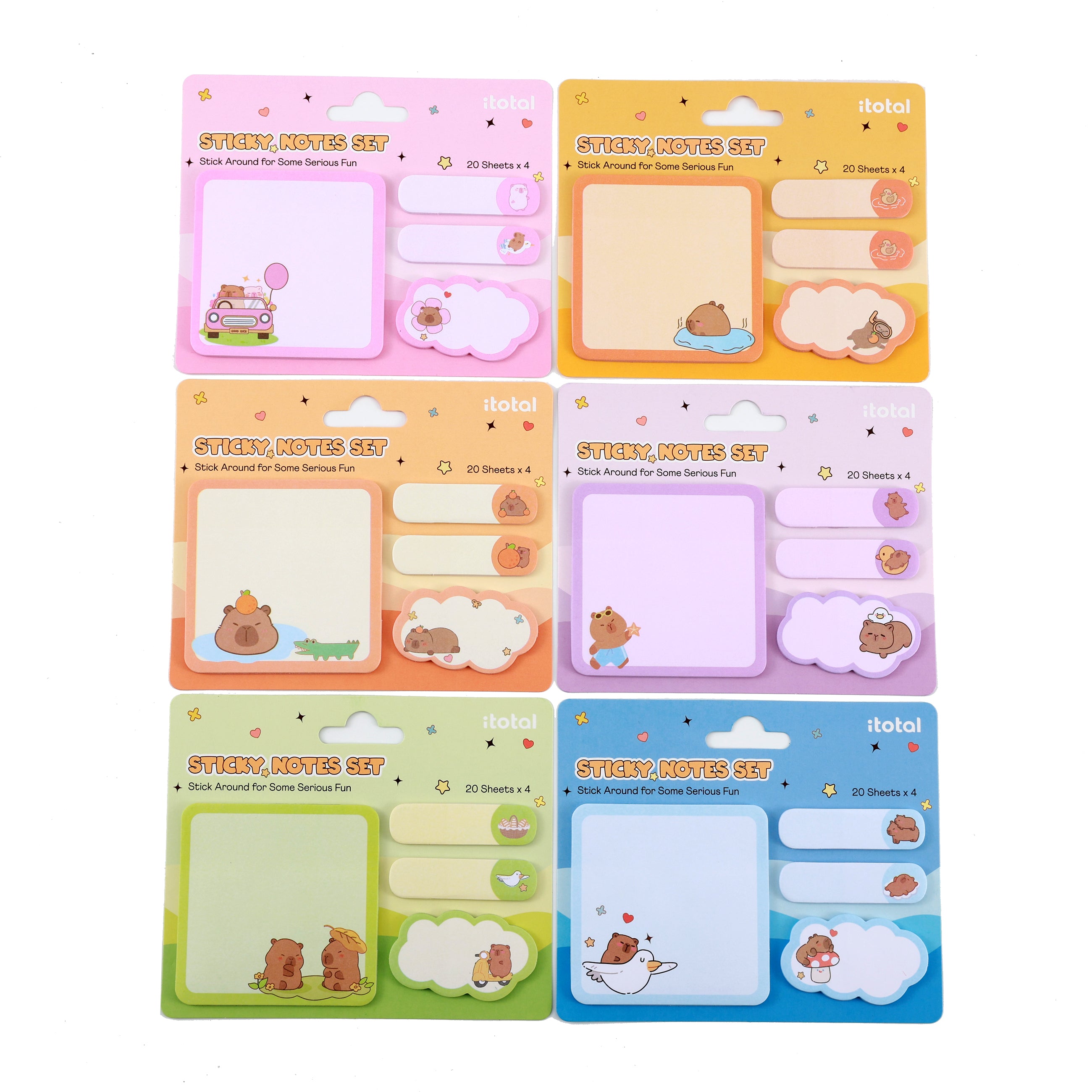 Sechs verschiedene iTotal Haftnotizen-Sets mit niedlichen Capybara-Motiven in bunten Farben.
