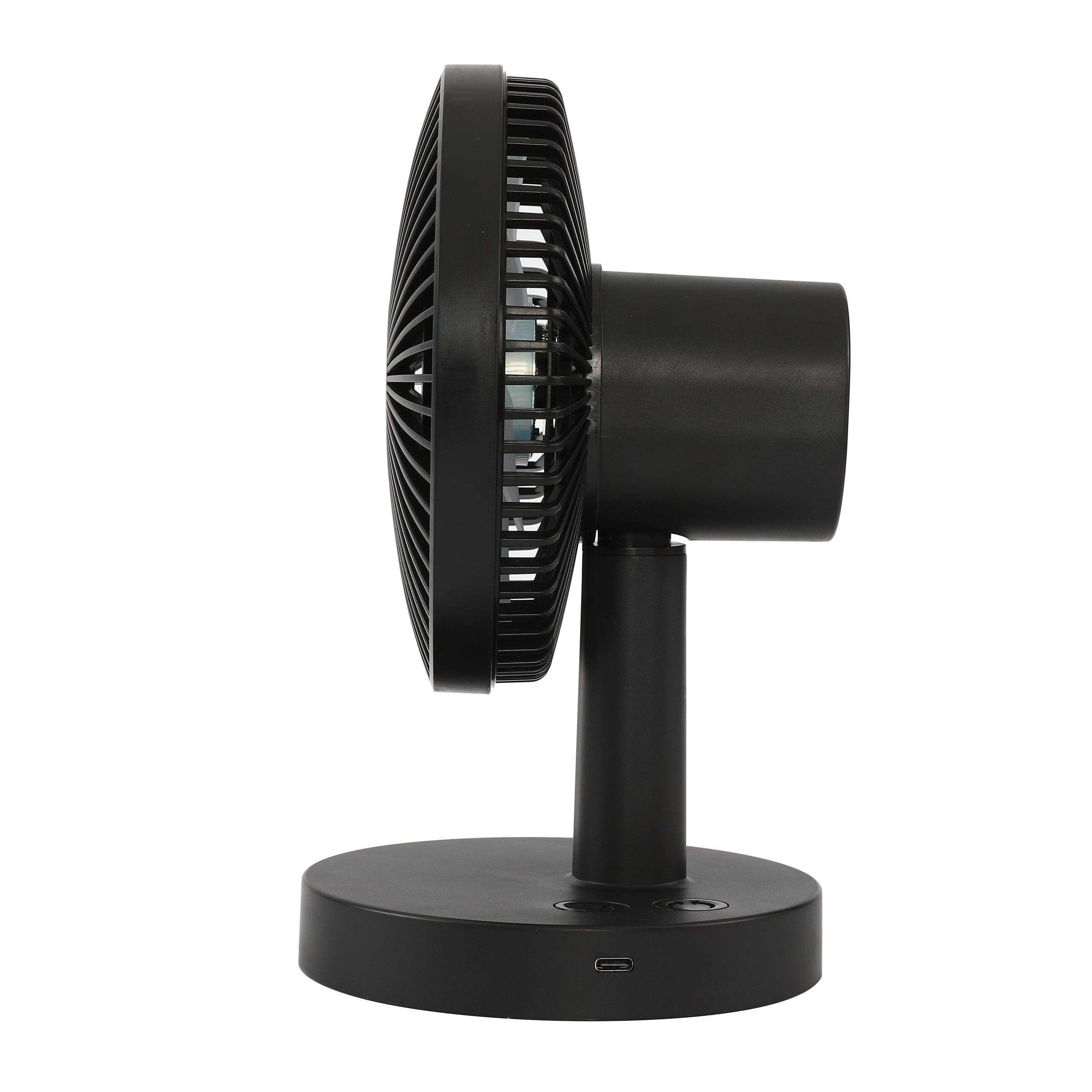 itotal Tischventilator, schwarz, Seitenansicht, USB-C Anschluss, kompakt, Kunststoff, verstellbar.
