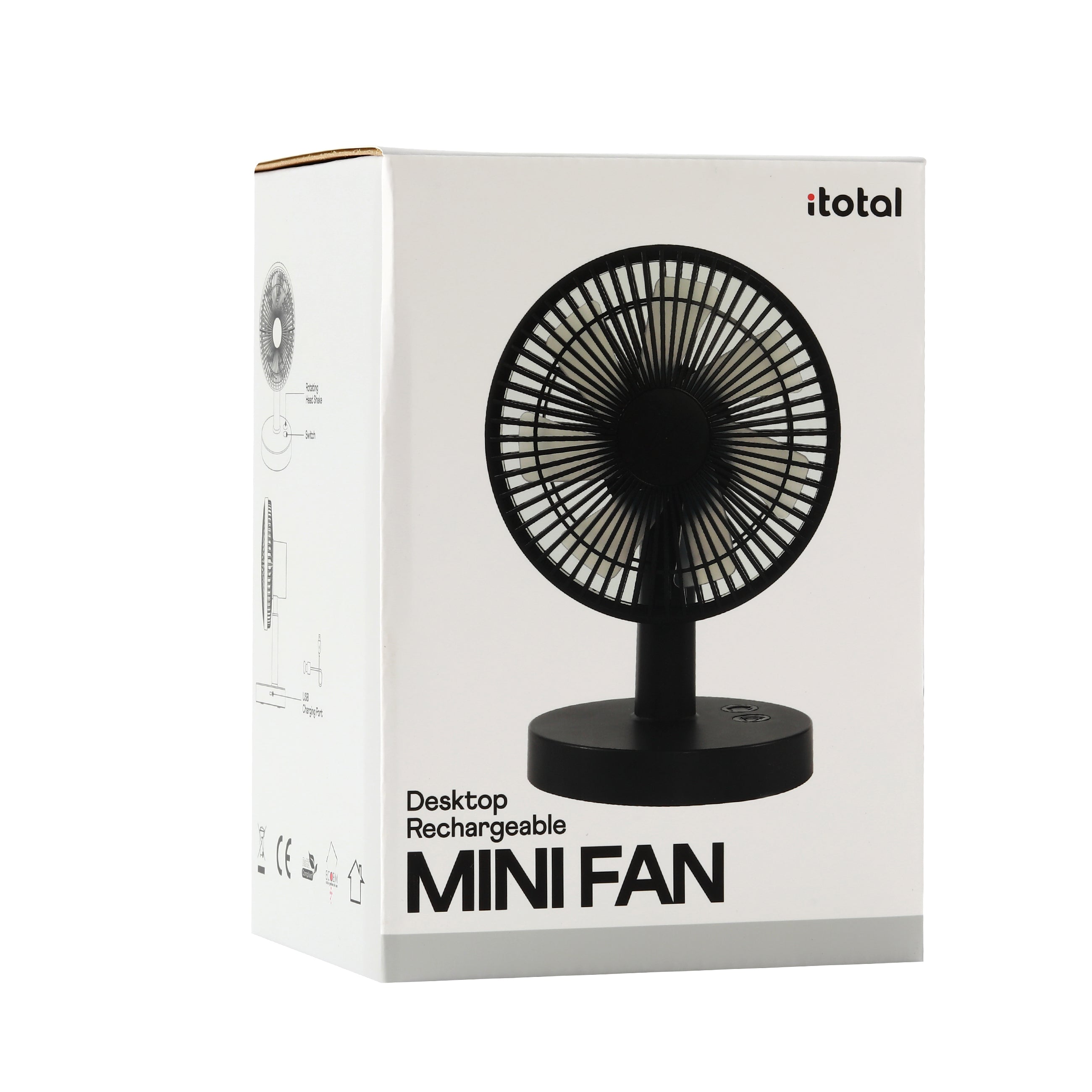 itotal Tischventilator Verpackung, Mini Fan, wiederaufladbar, schwarz, Produktkarton, Logo.