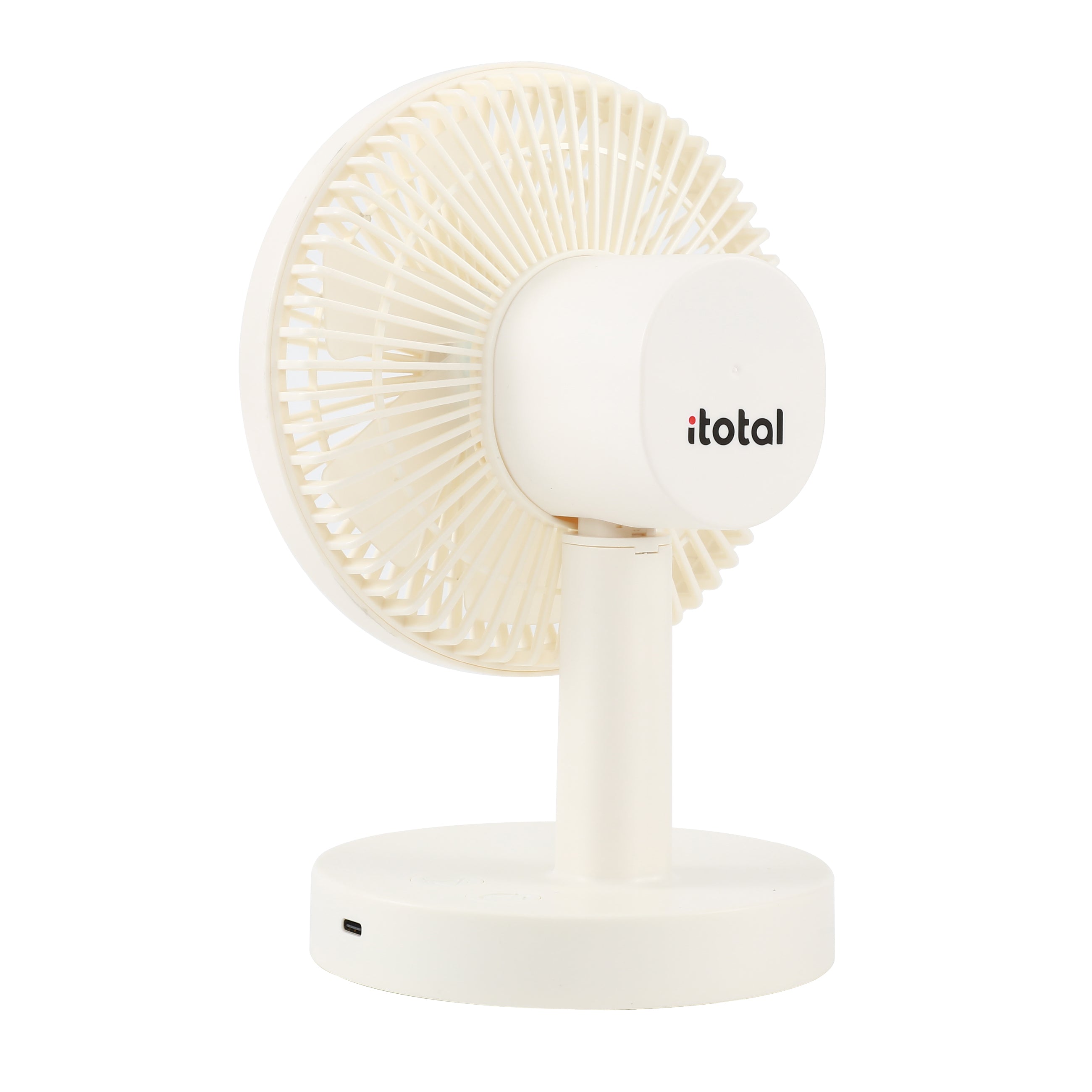 itotal Tischventilator, weiß, Rückansicht, USB-C Anschluss, Logo, kompakt, Kunststoff.