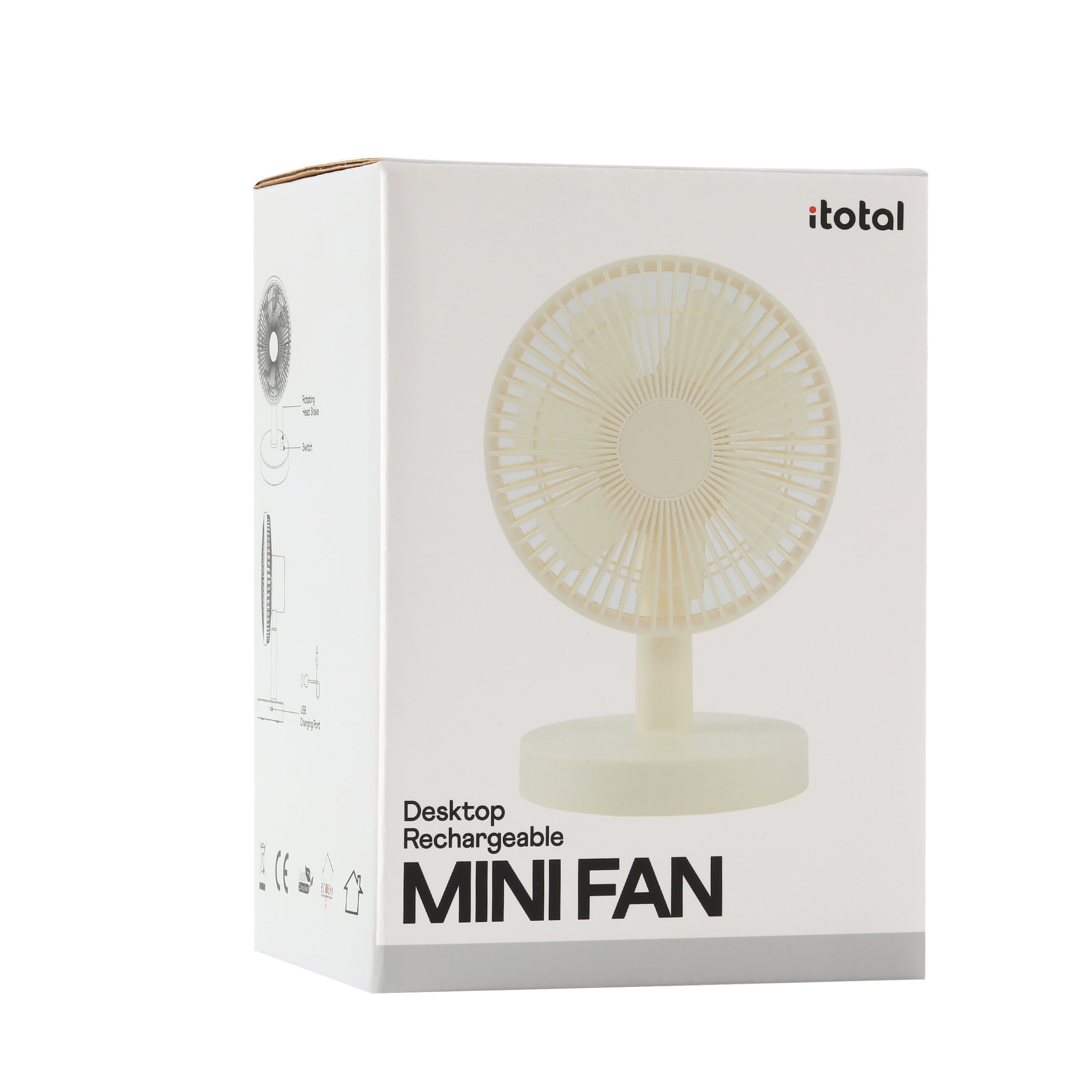 itotal Tischventilator Verpackung, Mini Fan, wiederaufladbar, weiß, Produktkarton, Logo.
