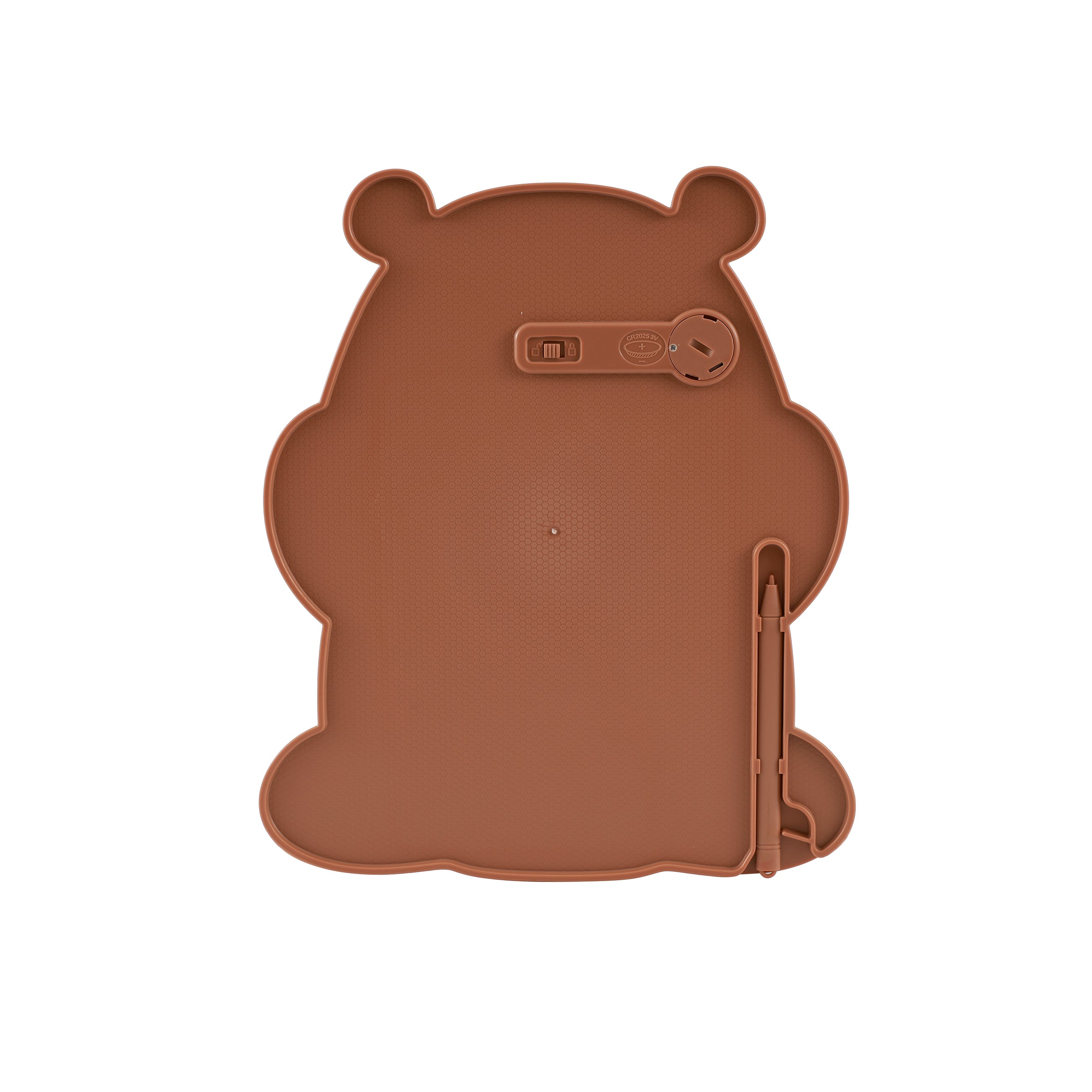 Rückseite der braunen iTotal Capybara-Zaubertafel mit Batteriefach und integriertem Schreibstift.