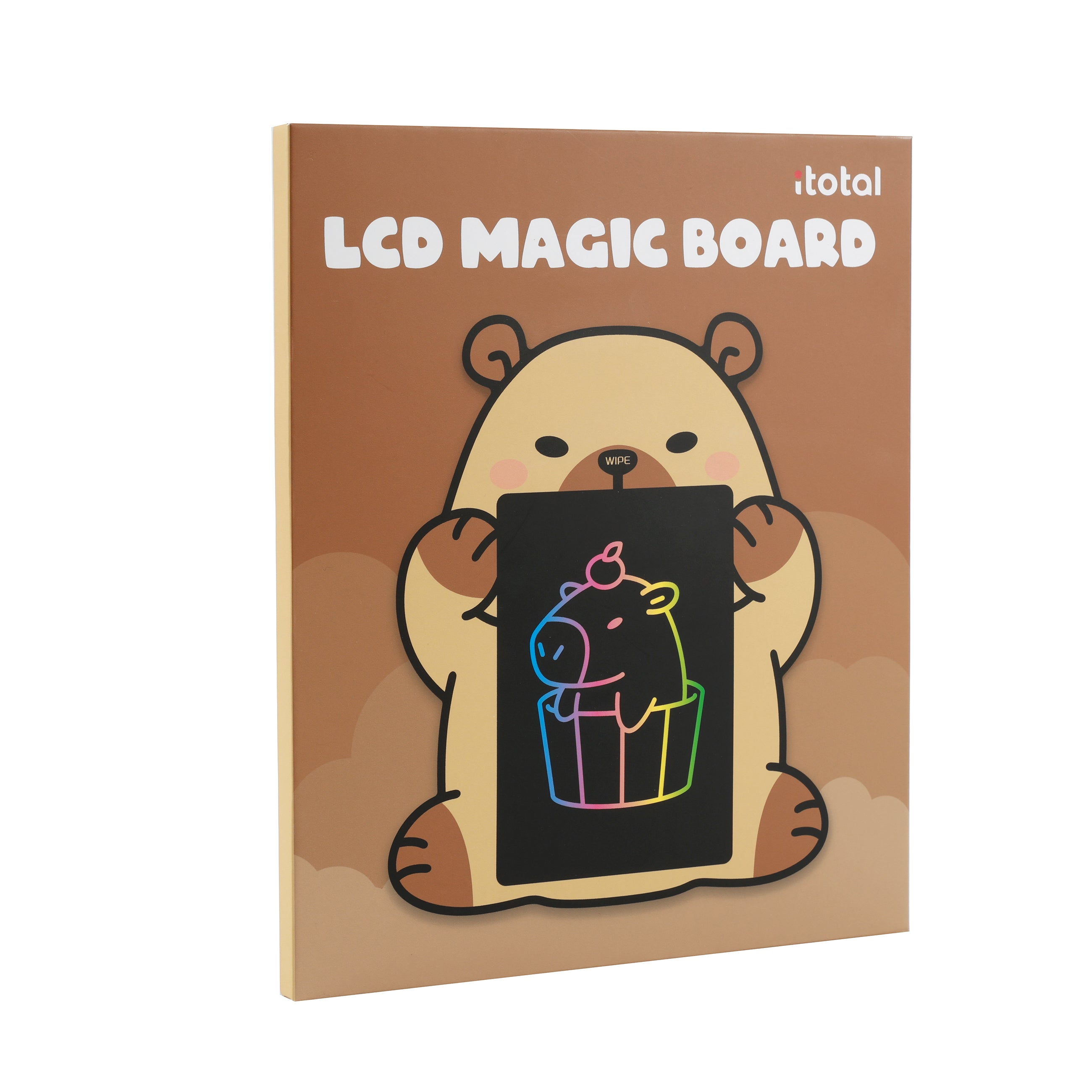 Verpackung des iTotal LCD Magic Boards im braunen Capybara-Design für Kinder.