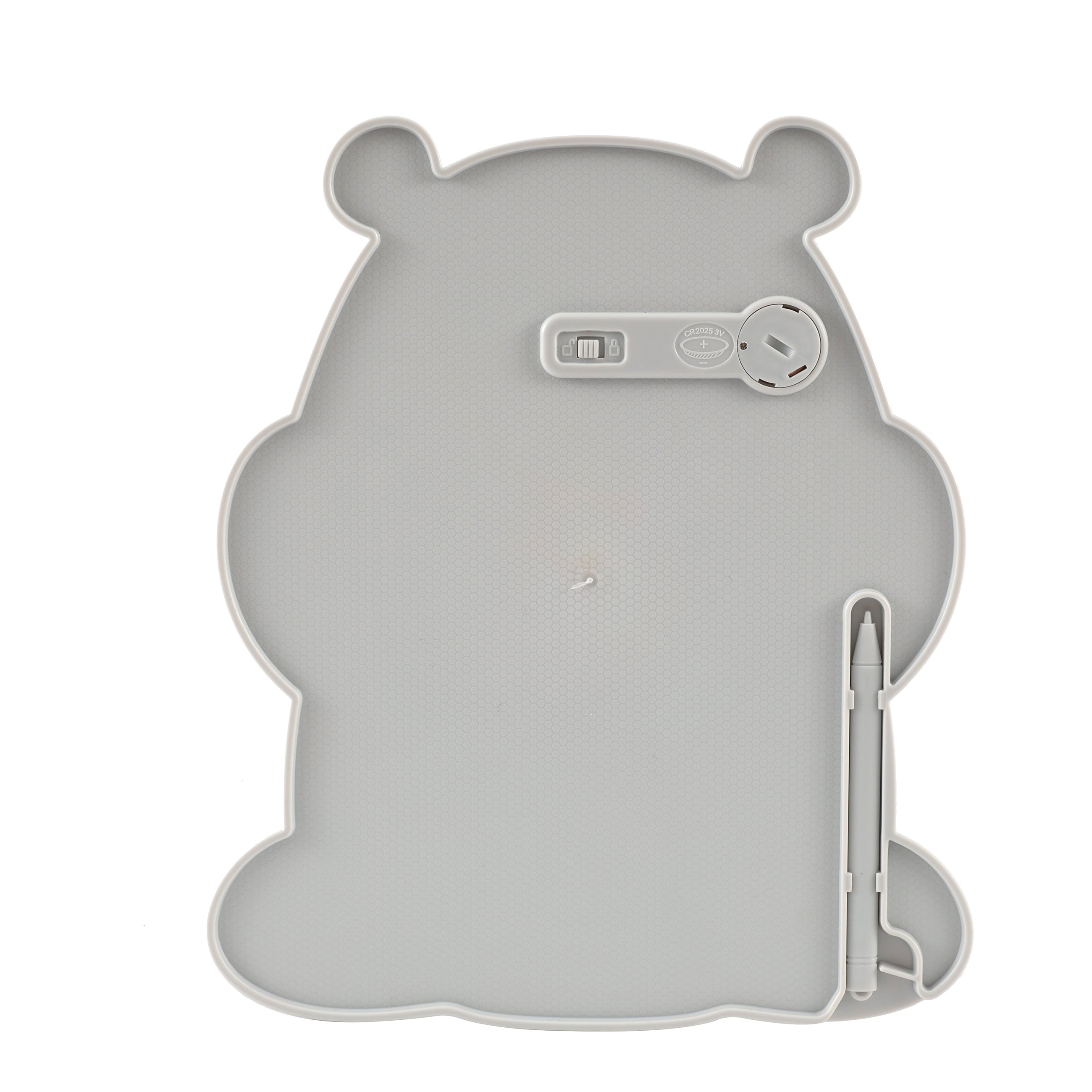 Graue Rückseite der Hippo-Zaubertafel mit Batteriefach und abnehmbarem digitalen Schreibstift.