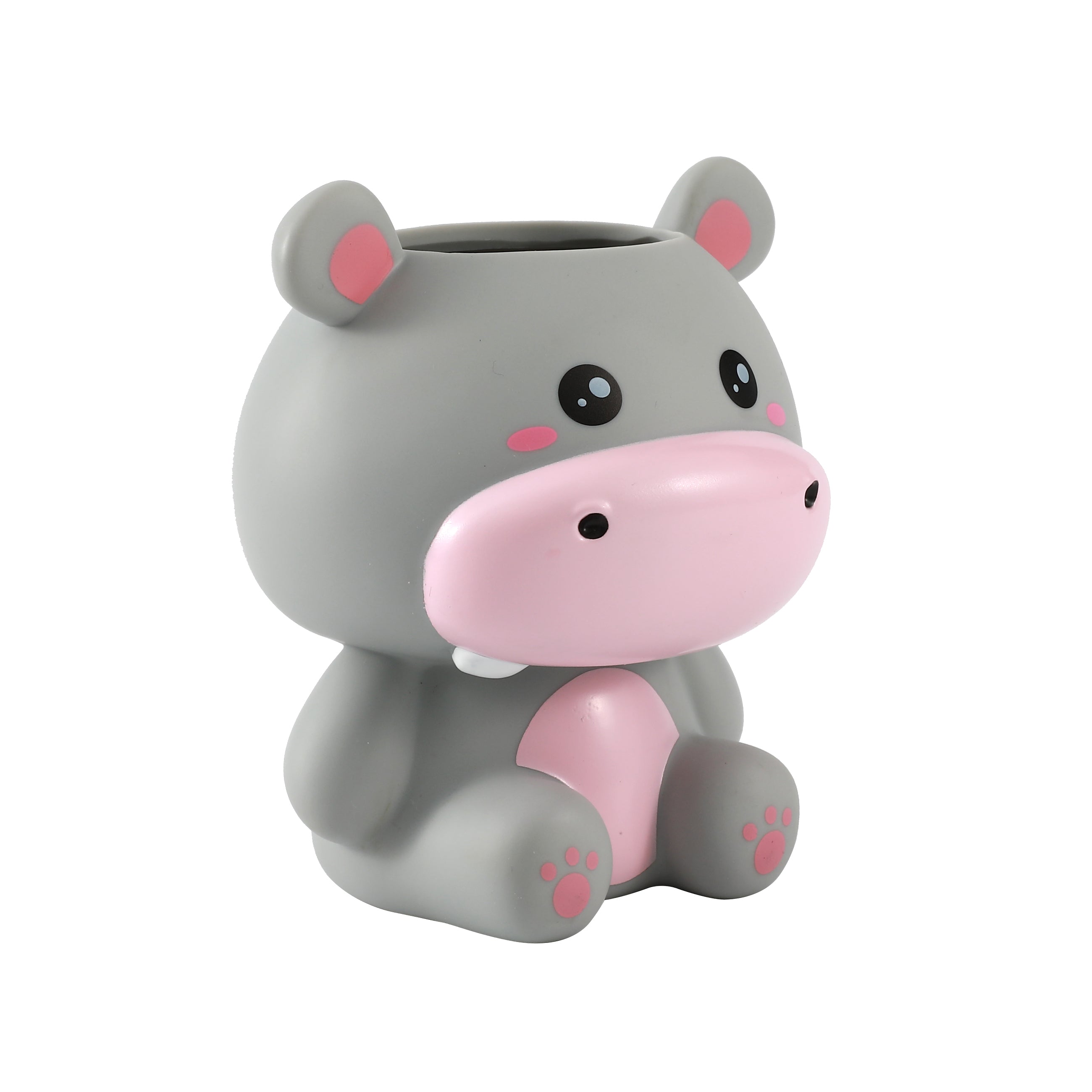 i-Total Hippo 3D-Stifthalter, graue Nilpferd-Figur, niedlicher Schreibtisch-Organizer, Kunststoff, Deko-Accessoire, Schreibwaren, sitzend, Seitenansicht.