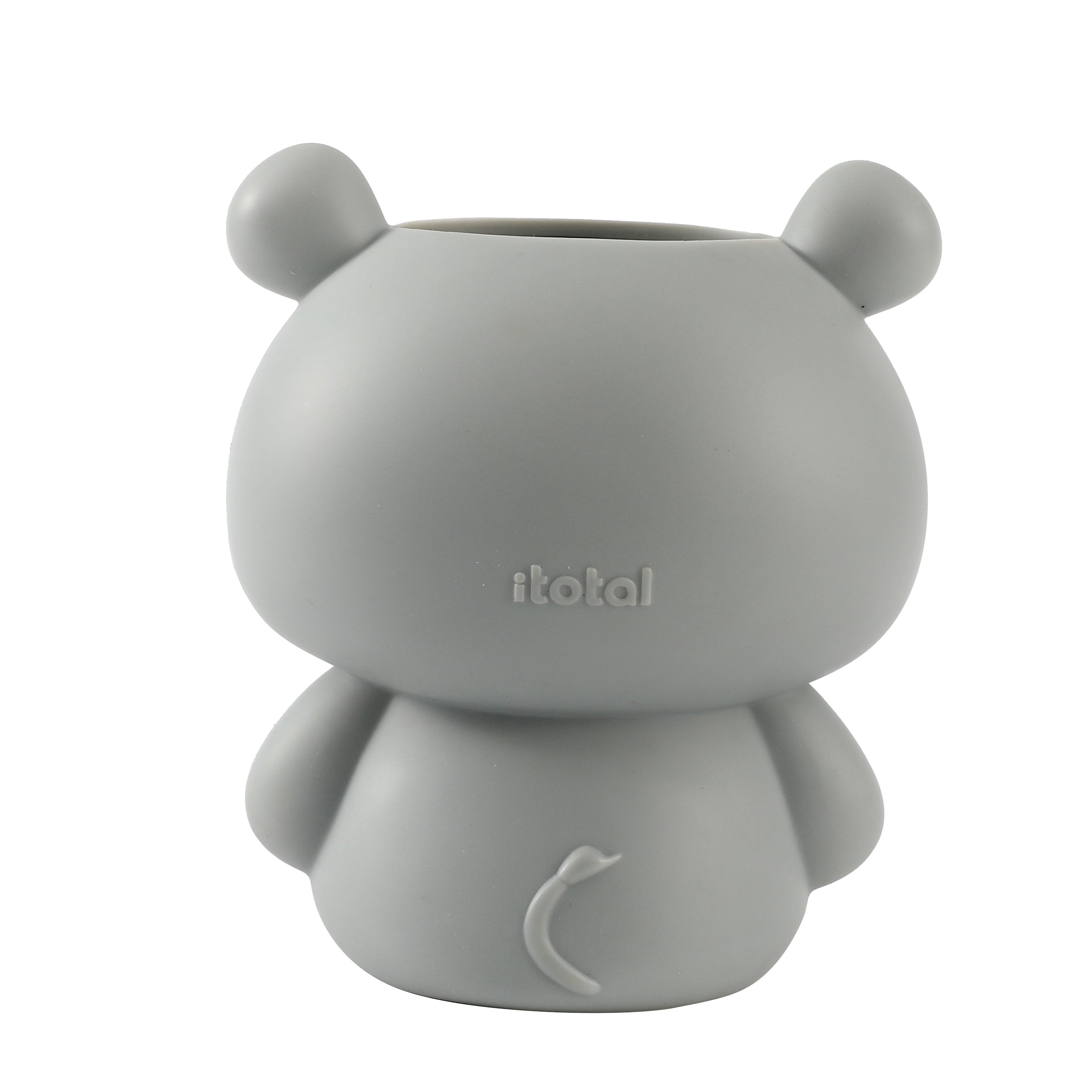 i-Total Hippo 3D-Stifthalter, graue Kunststoff-Tierfigur, Schreibtisch-Organizer, niedliches Zubehör, Schreibwaren, Rückansicht, kleiner Schwanz.