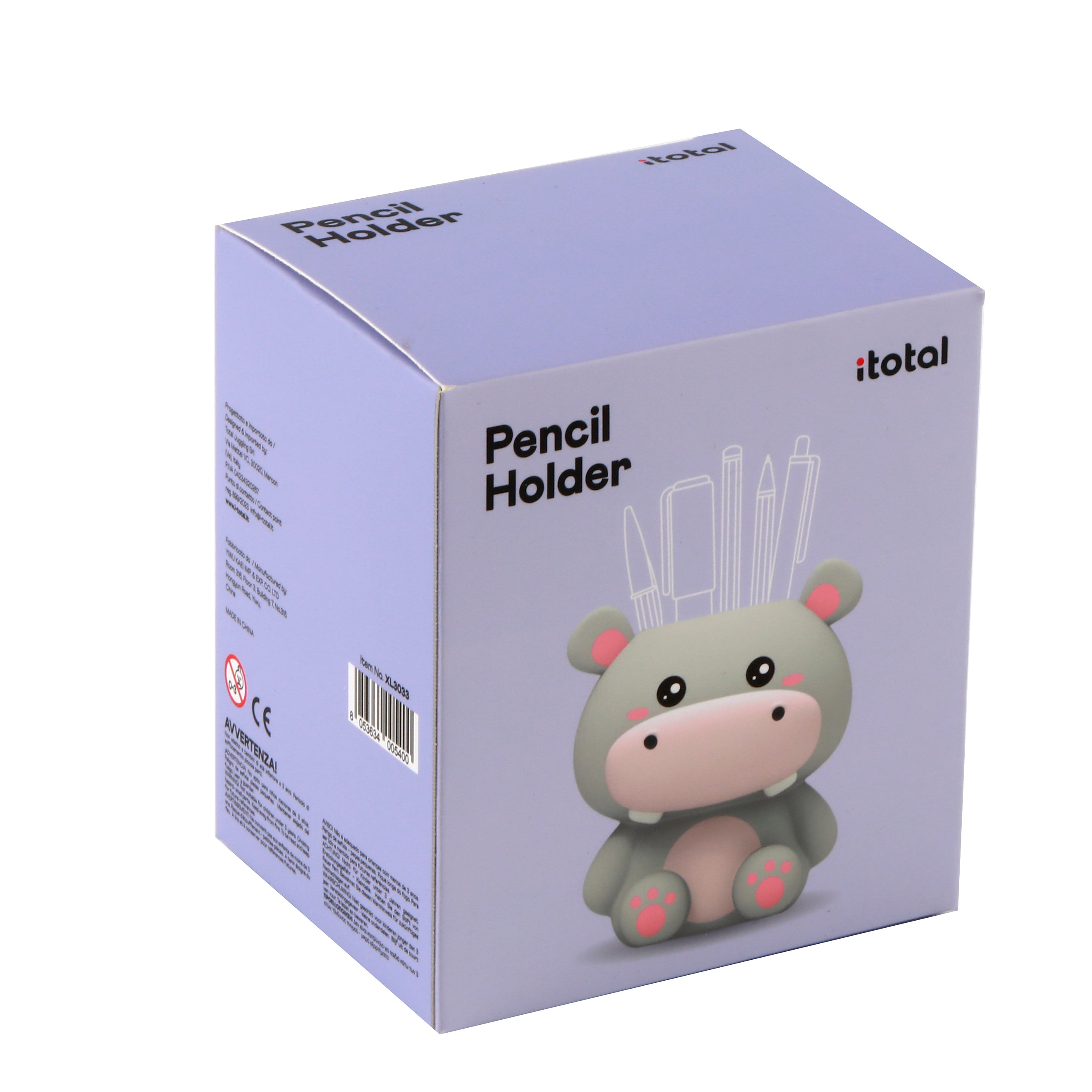 i-Total Hippo 3D-Stifthalter, violette Produktverpackung, Schreibtisch-Organizer, niedliches Tier-Design, Karton, Schreibwaren, Büro-Zubehör.