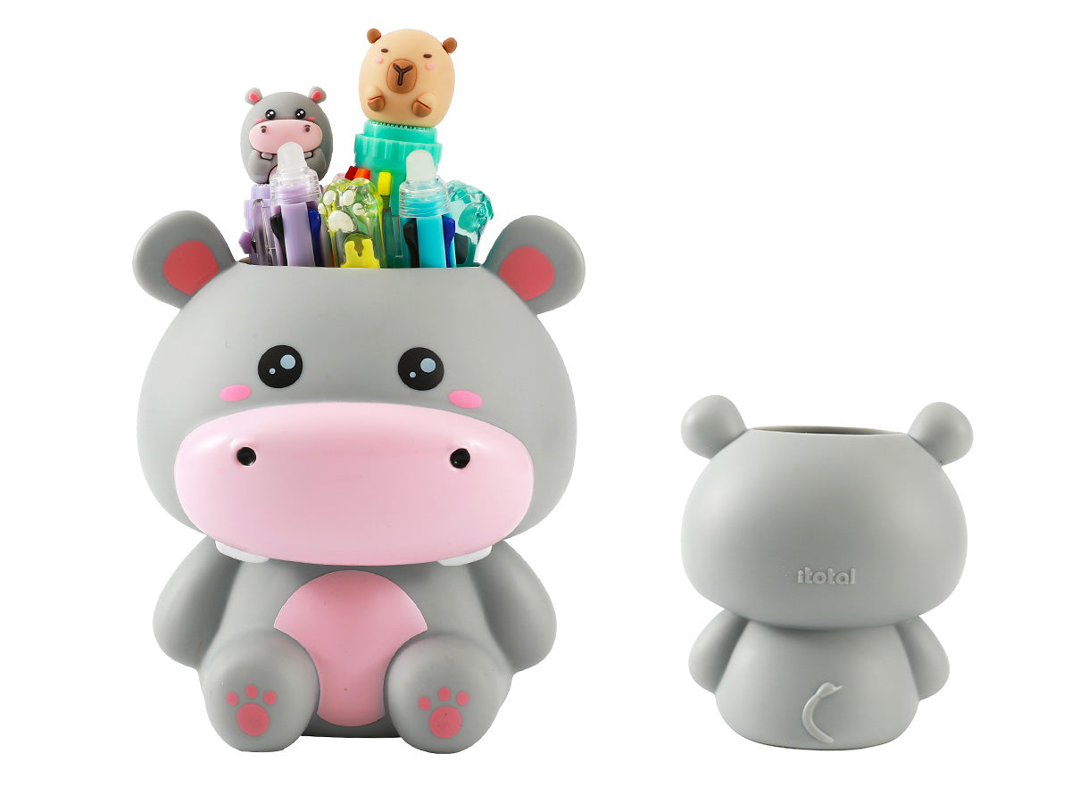 i-Total Hippo 3D-Stifthalter, graue Nilpferd-Figur, Schreibtisch-Organizer mit Stiften, Vorder- und Rückansicht, Zubehör.