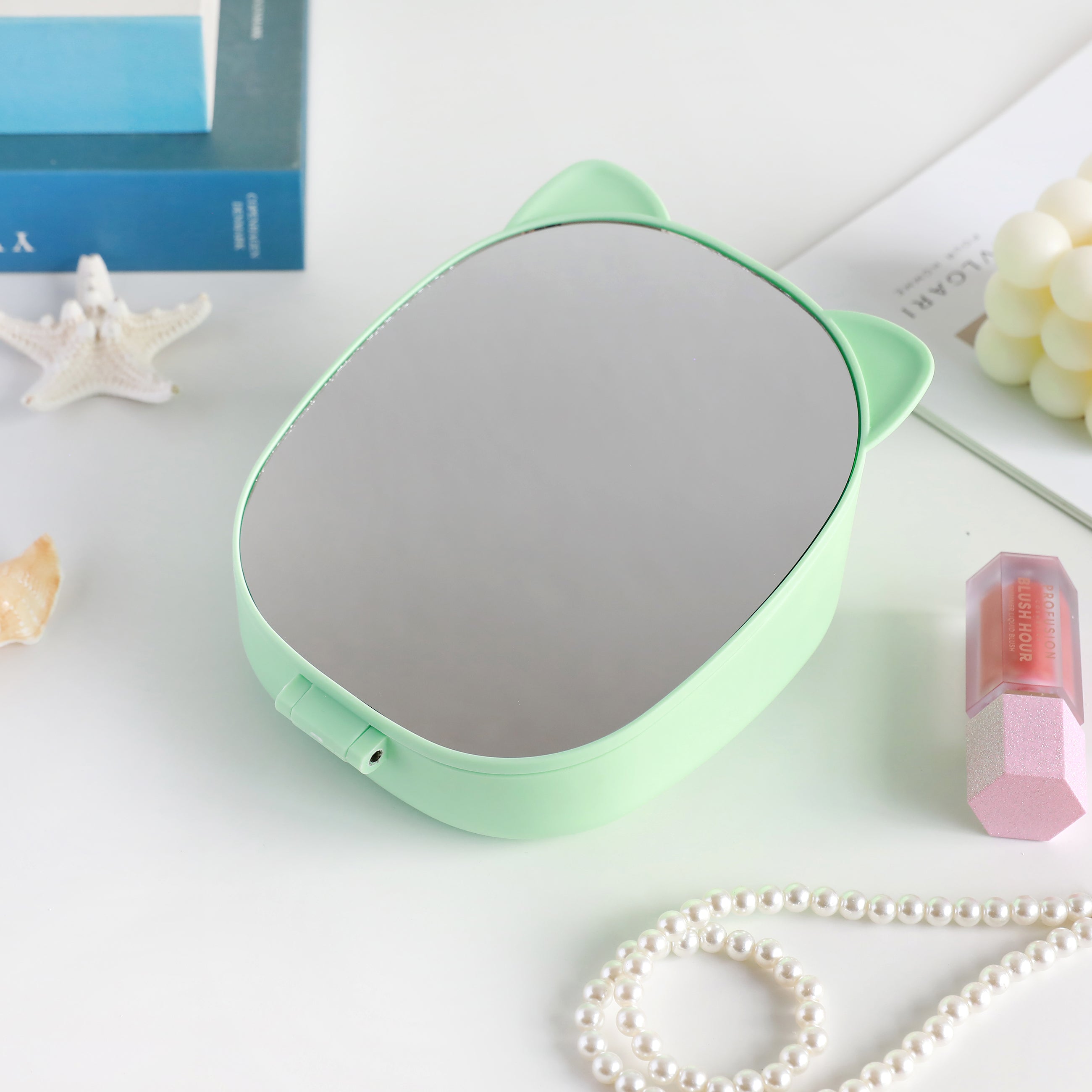 i-Total Make-up-Spiegel, grüner Kunststoff, Katzen-Design, faltbar, geschlossener Zustand, Schreibtisch-Zubehör, dekorativer Taschenspiegel.