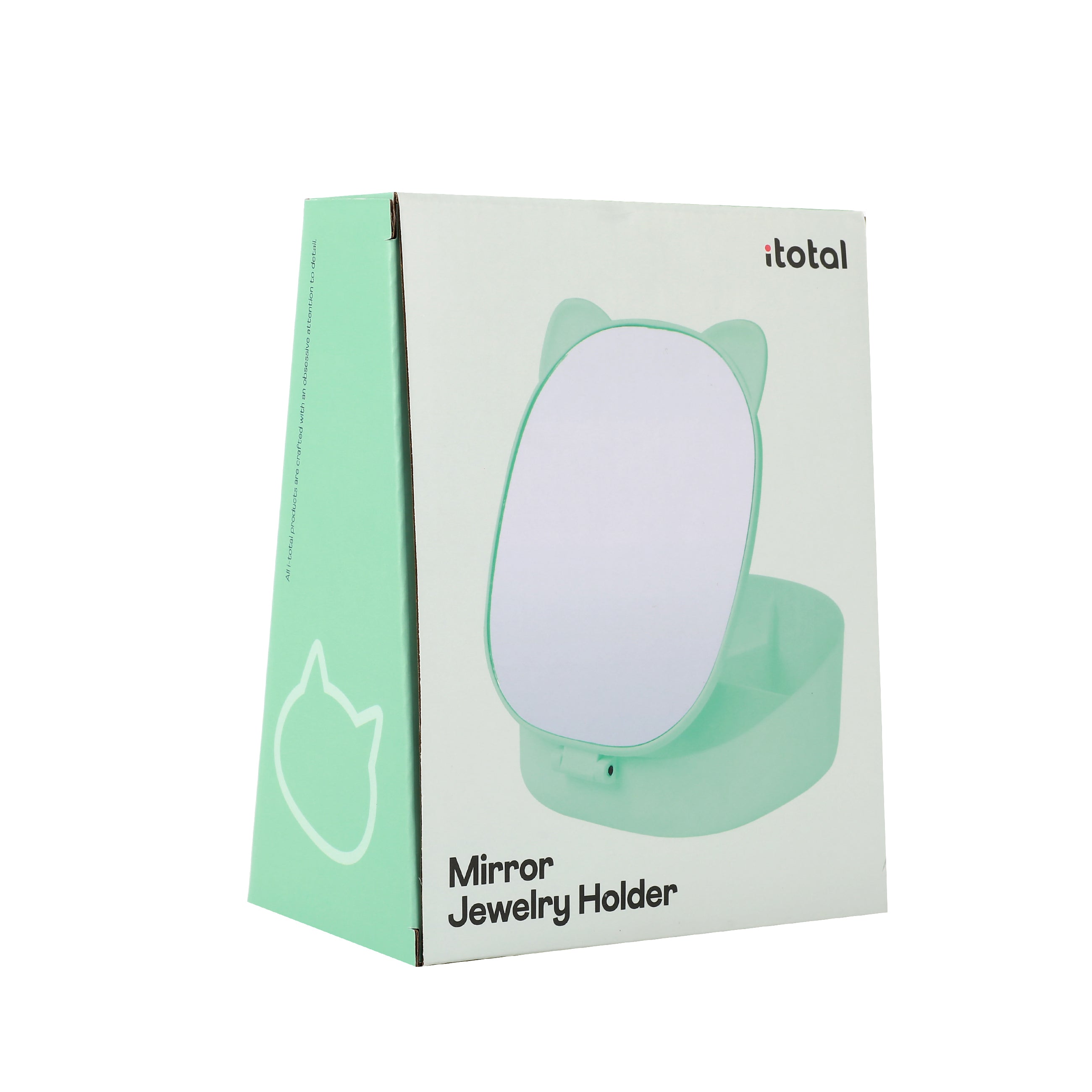 i-Total Make-up-Spiegel, grüne Produktverpackung, Mirror Jewelry Holder, Katzen-Design, Karton, Schminkzubehör, dekorativ.