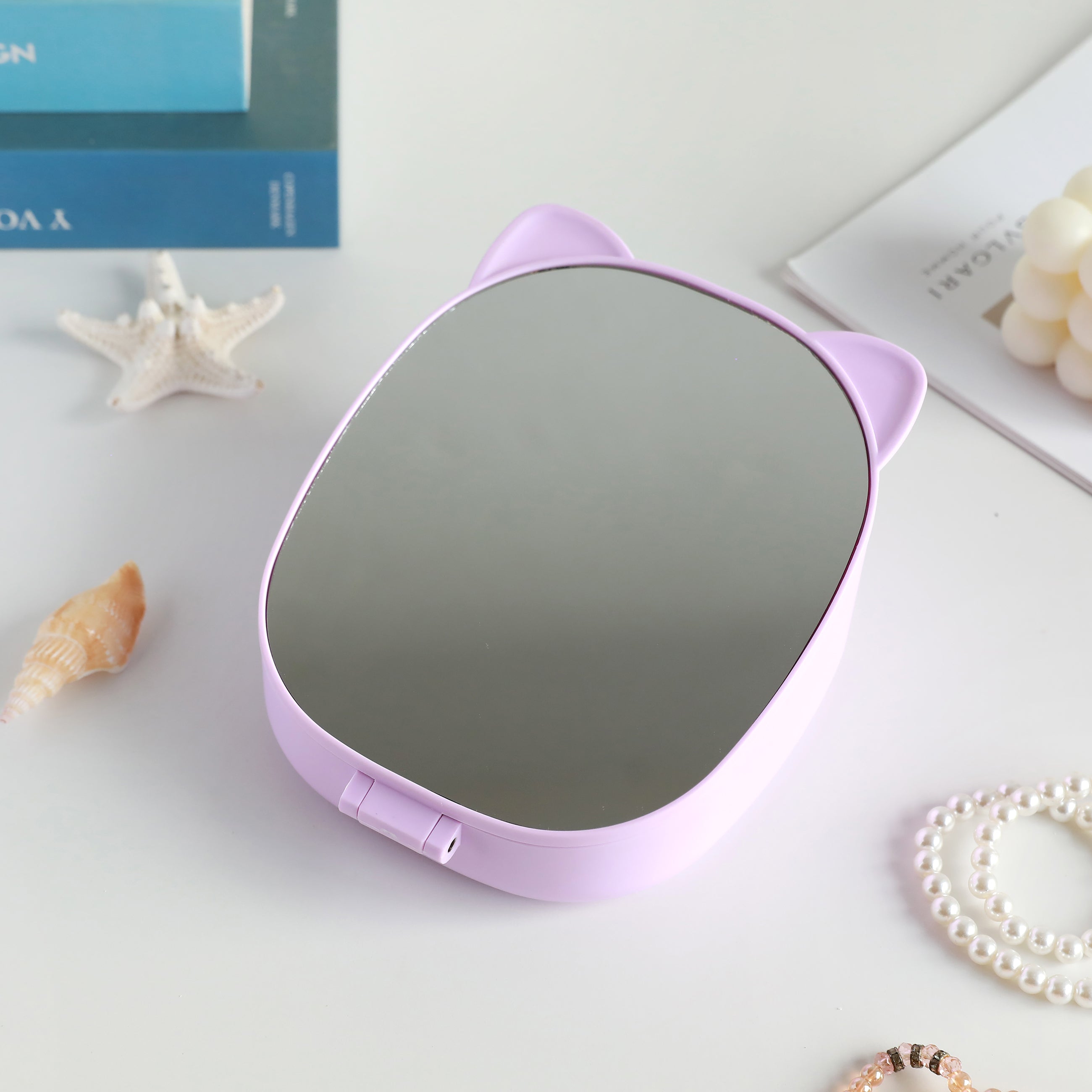 i-Total Make-up-Spiegel, lila Kunststoff, Katzen-Design, faltbar, geschlossener Zustand, Schreibtisch-Zubehör, dekorativer Taschenspiegel.
