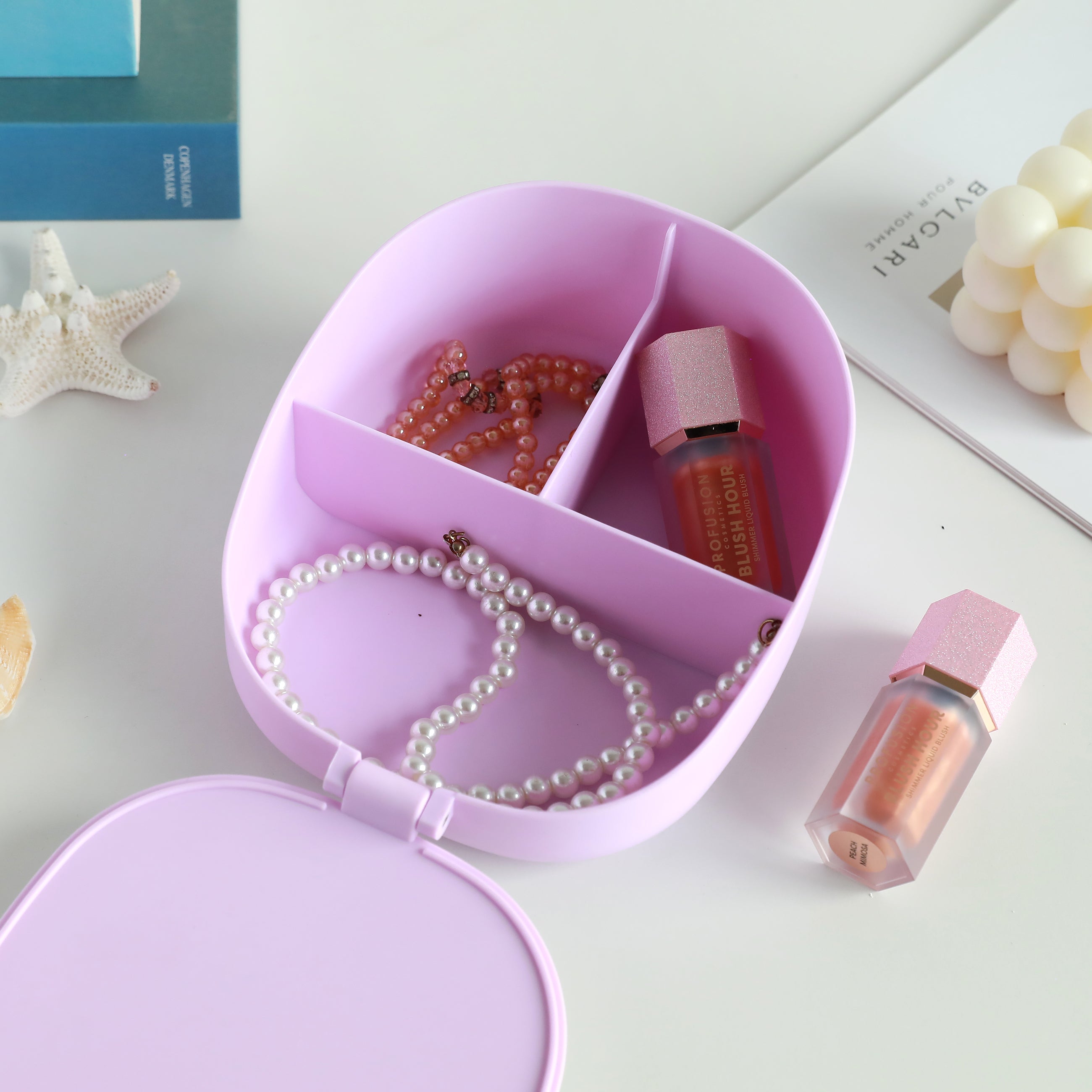 i-Total Make-up-Spiegel faltbar, lila Kunststoff, Schmuckfach mit Perlenkette, Lippenstift-Organizer, Kosmetik-Aufbewahrung, Zubehör.