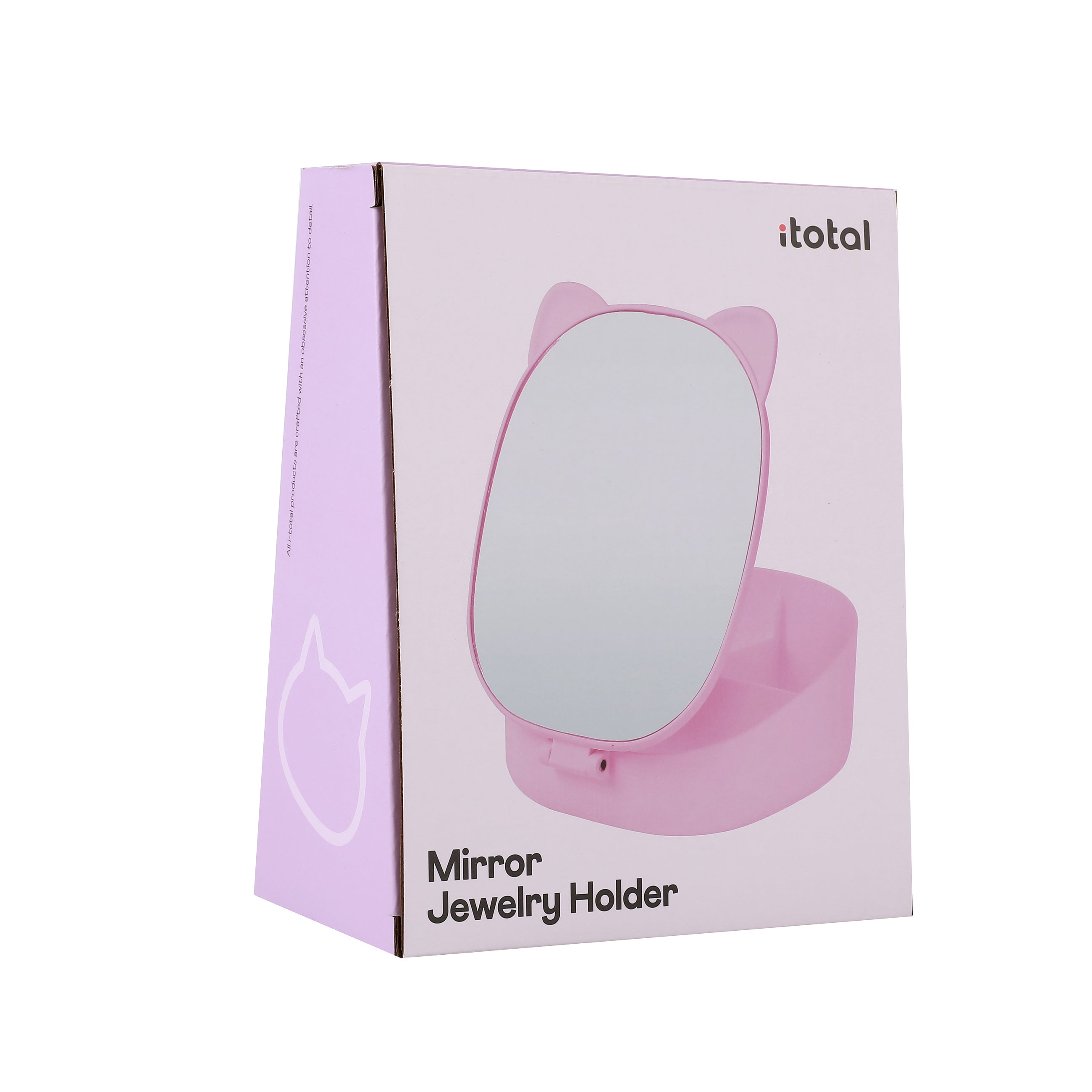 i-Total Make-up-Spiegel, lila Produktverpackung, Mirror Jewelry Holder, Katzen-Design, Karton, Schminkzubehör, dekorativ.