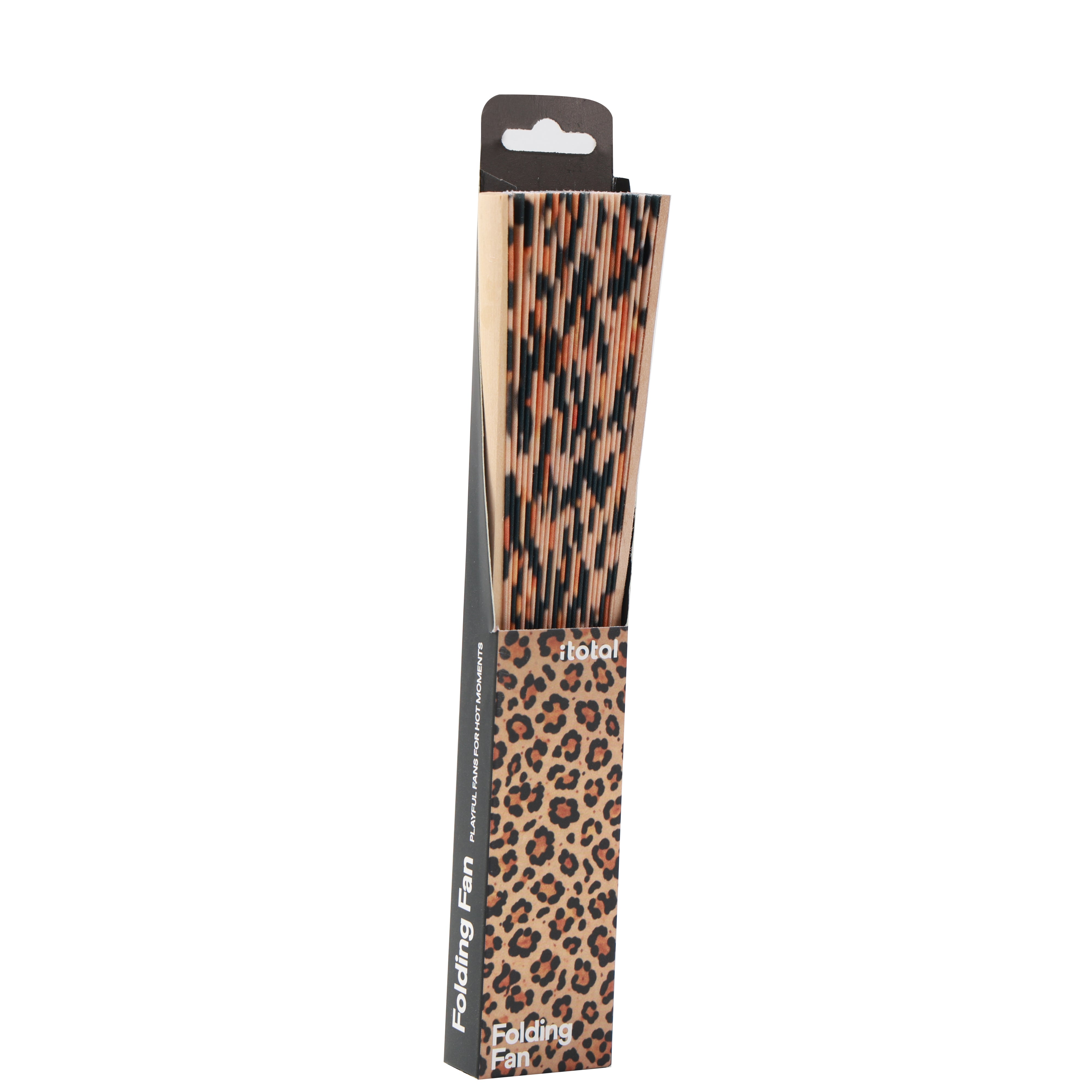 Zusammengefalteter iTotal Leopard-Handfächer in einer passend bedruckten schwarzen Kartonverpackung.