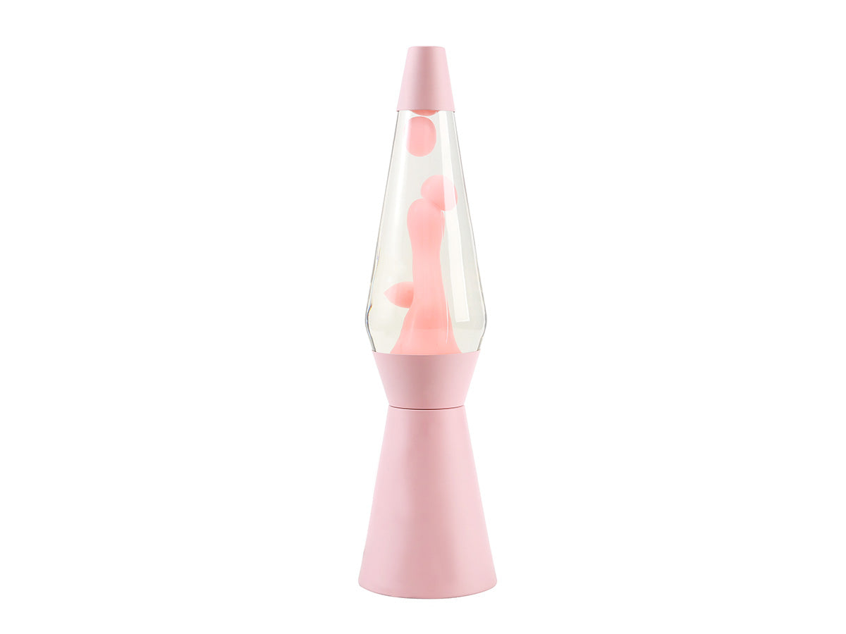 Pastellrosa iTotal Lavalampe Spaceship mit schwebendem rosa Wachs vor Weiß.
