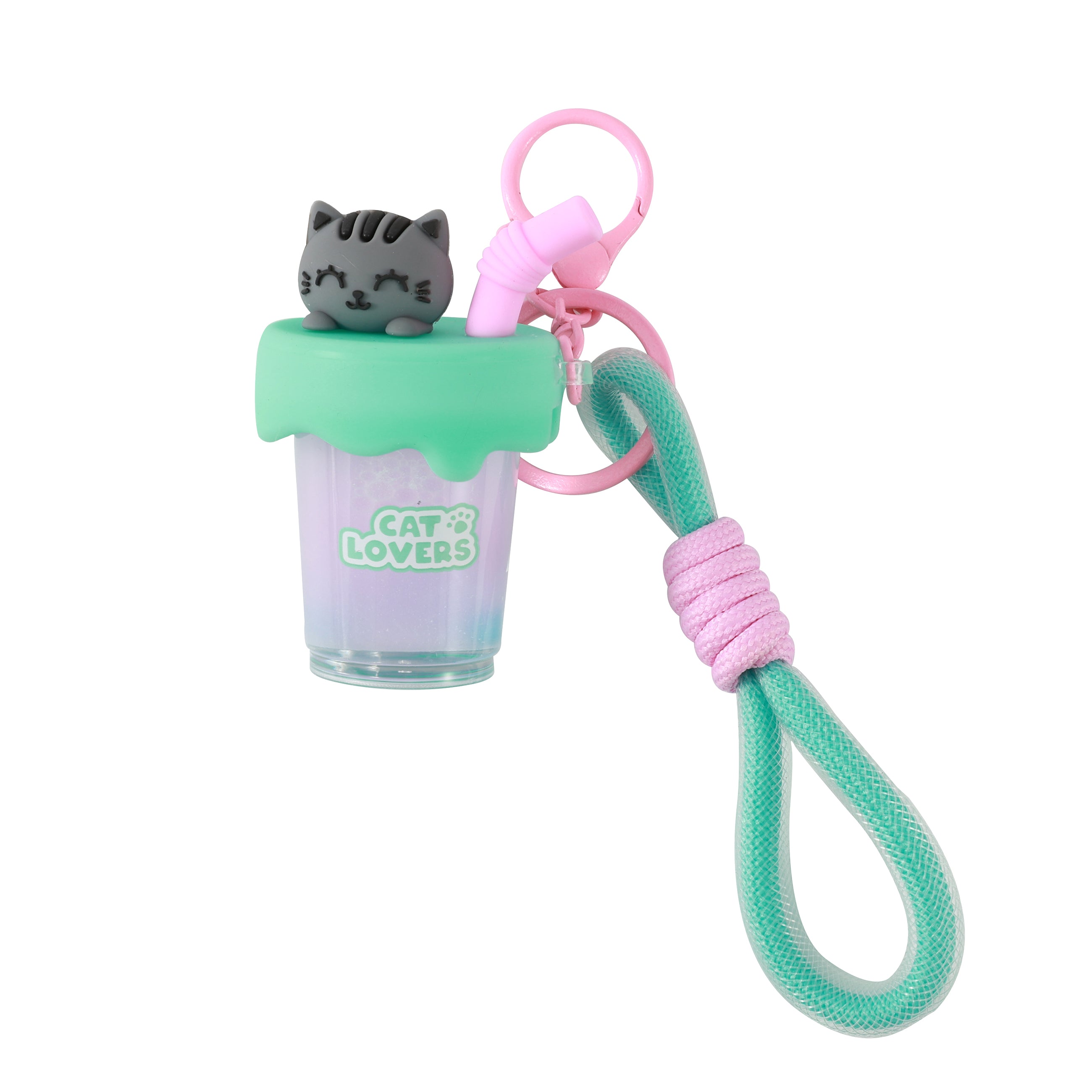 itotal Schlüsselanhänger Bubble Tea Katze, graue Figur, Becher, Kordel, Karabiner.