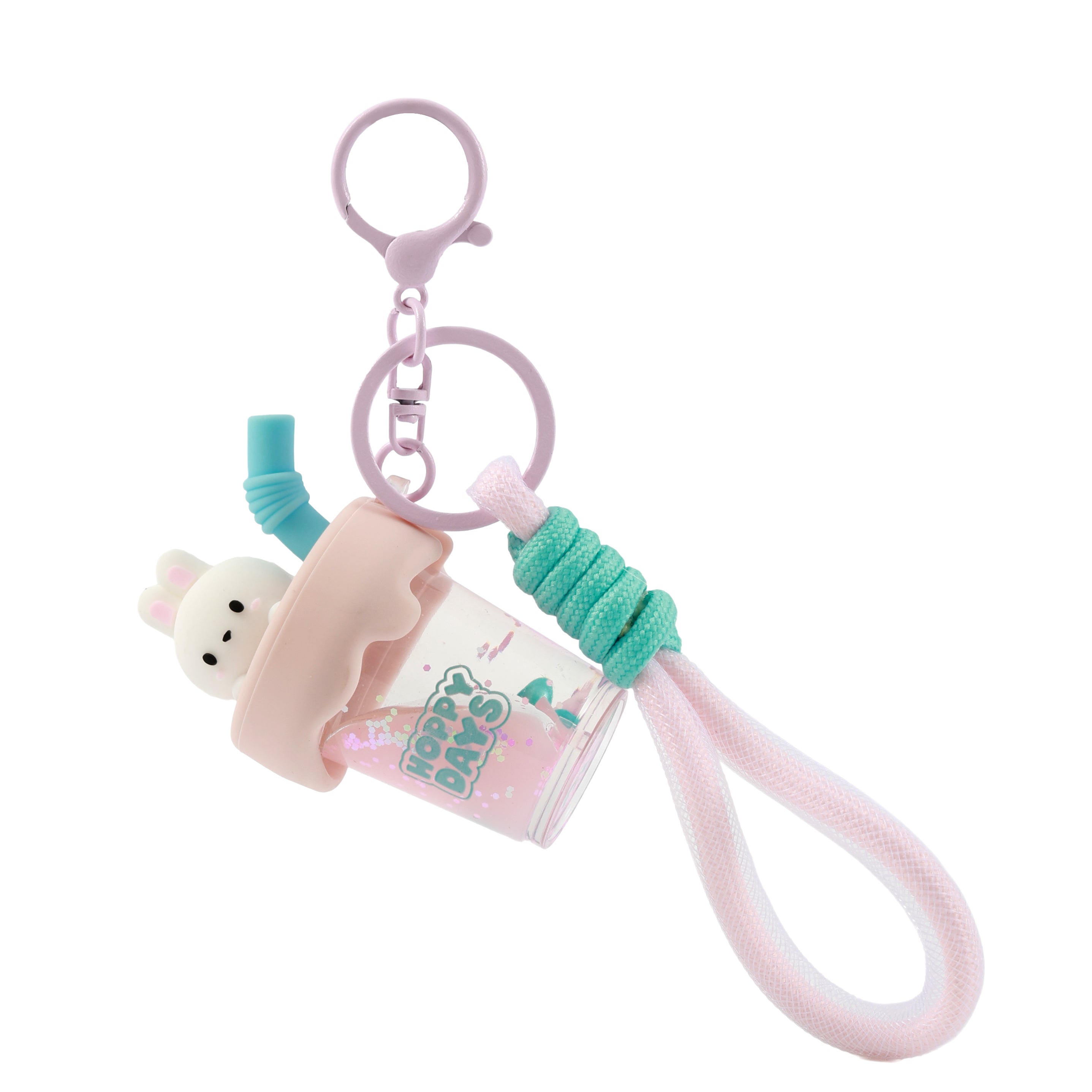 itotal Schlüsselanhänger Bubble Tea Bunny, rosa Becher, Flüssigkeit, Kordel, Karabiner.