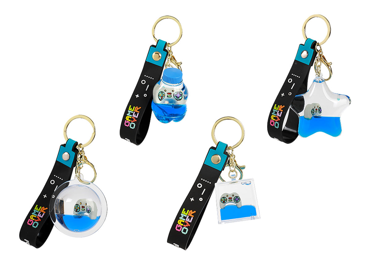 i-Total Schlüsselanhänger Gaming-Set, verschiedene Formen, Controller-Motiv, blaue Flüssigkeit, Game-Over-Schlaufe, Geschenkidee, Accessoire