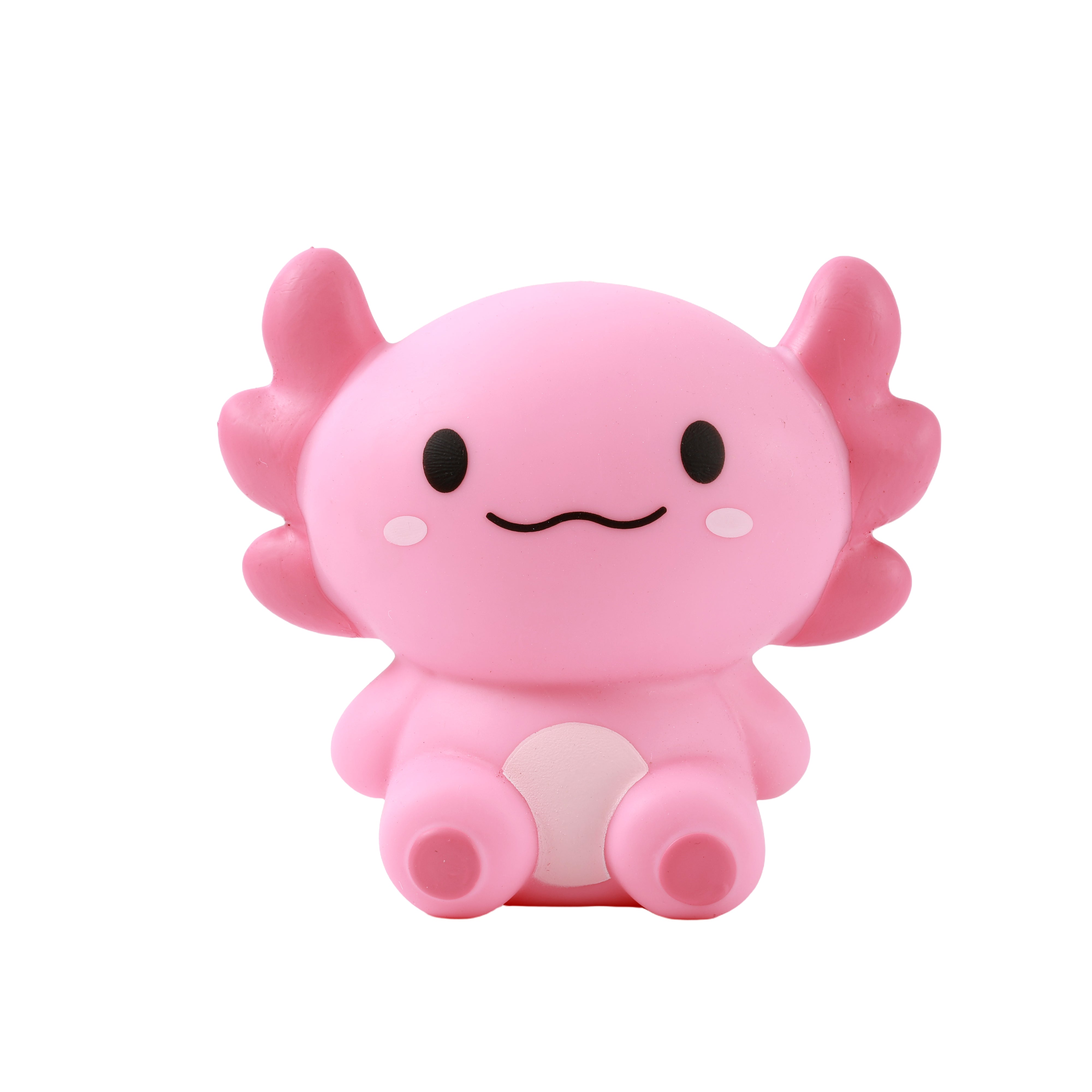 Niedliches iTotal Squeeze Axolotl XL in Rosa, sitzend, mit freundlichem Gesichtsausdruck und weicher, quetschbarer Textur.