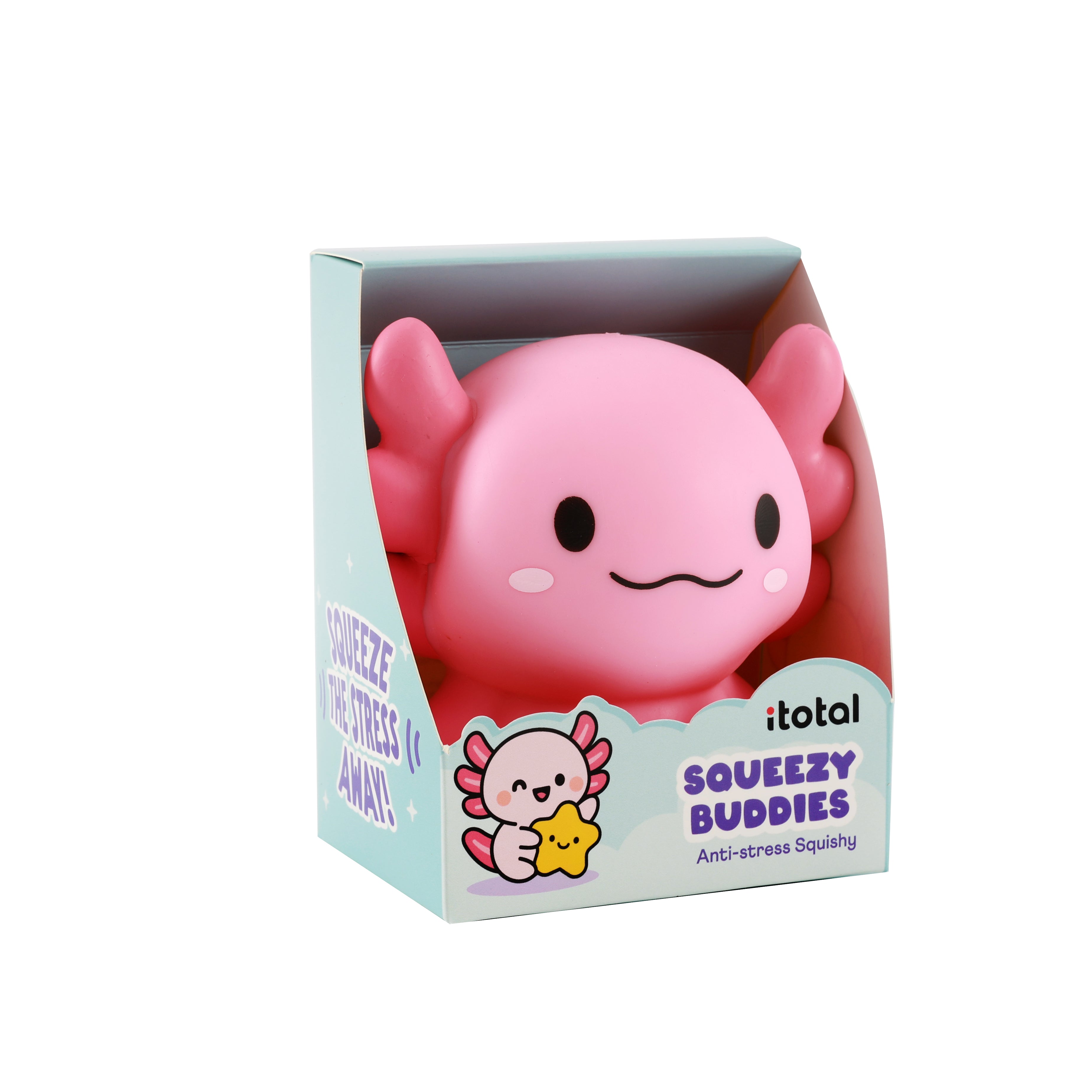 iTotal Squeeze Axolotl XL in hellblauer "Squeezy Buddies" Geschenkbox, rosa Antistress-Spielzeug mit niedlichem Axolotl-Aufdruck.