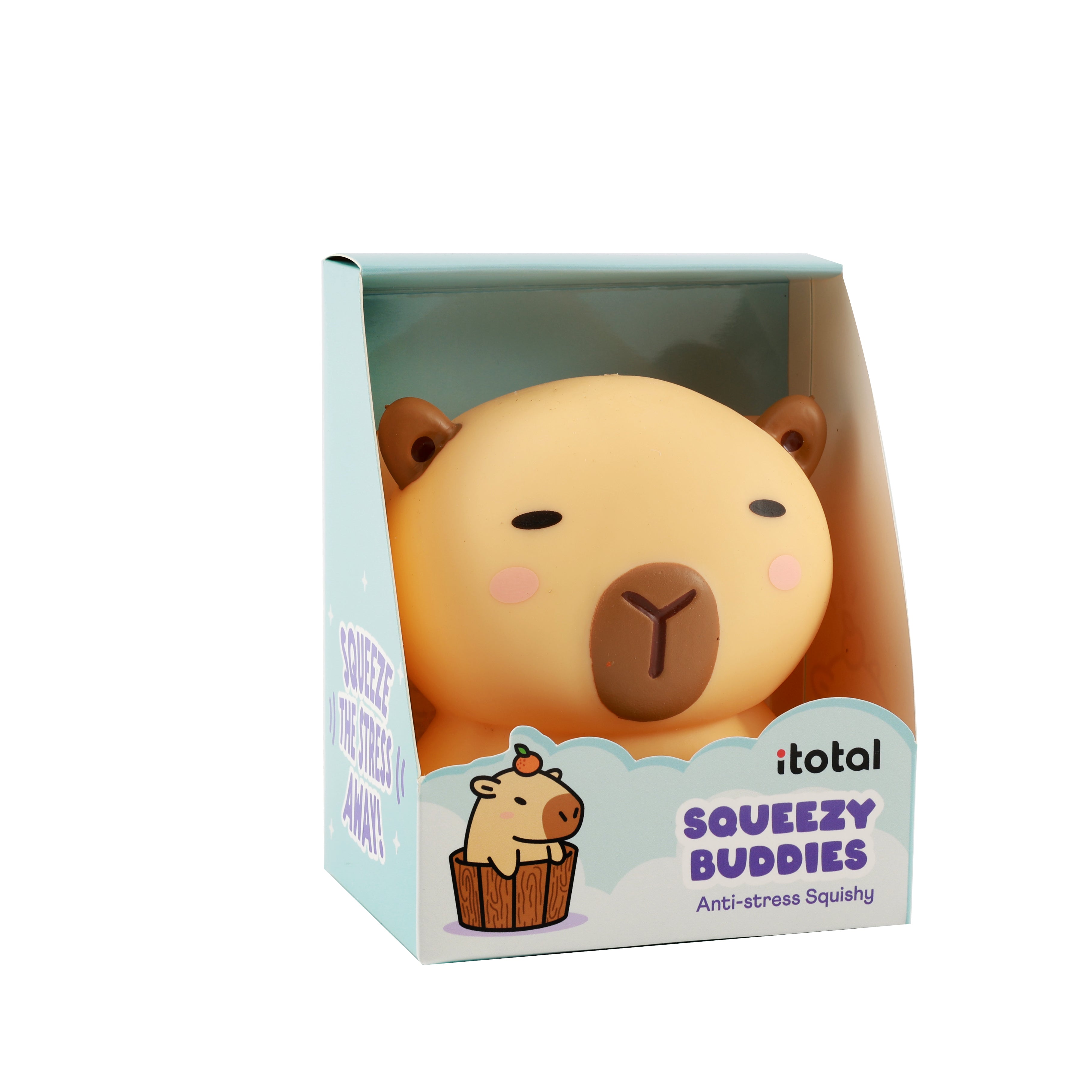 iTotal Squeeze Capybara XL in hellblauer "Squeezy Buddies" Geschenkbox, beiges Antistress-Spielzeug mit niedlichem Capybara-Aufdruck.