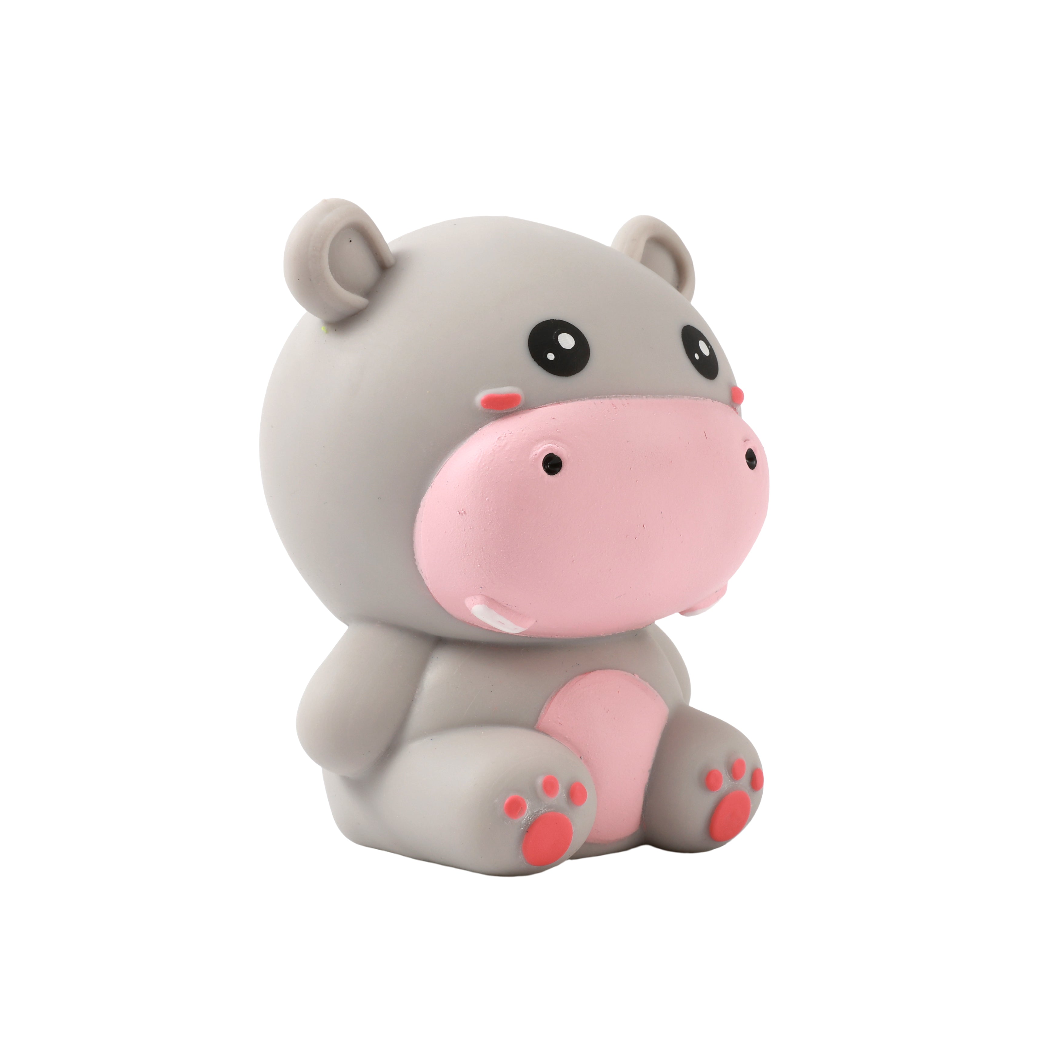 Profilansicht des grauen iTotal Squeeze Hippo XL, sitzend auf weißem Hintergrund mit weicher, quetschbarer Antistress-Oberfläche.