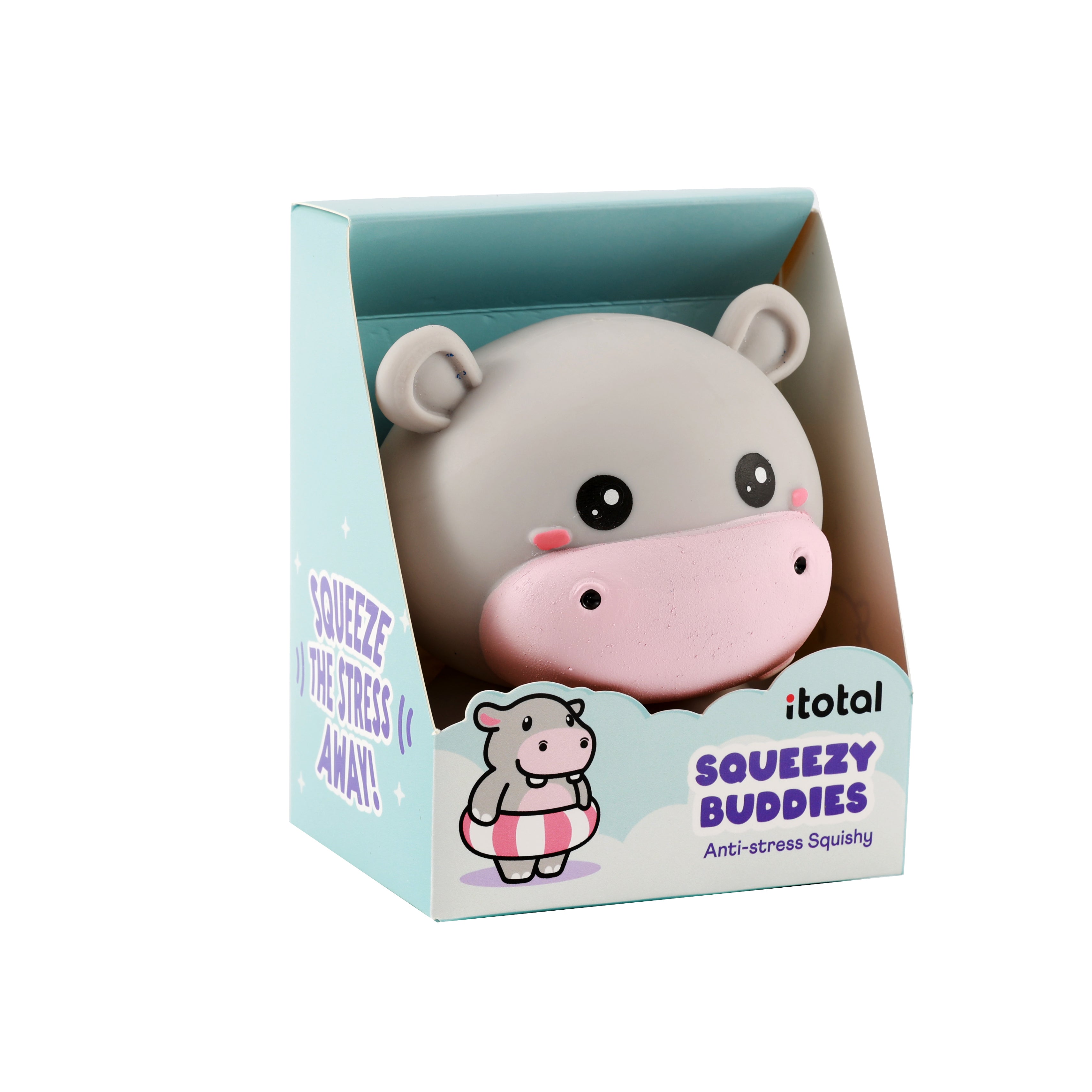 Graues iTotal Squeeze Hippo XL in hellblauer "Squeezy Buddies" Geschenkbox, weiches Antistress-Spielzeug mit niedlichem Nilpferd-Motiv.