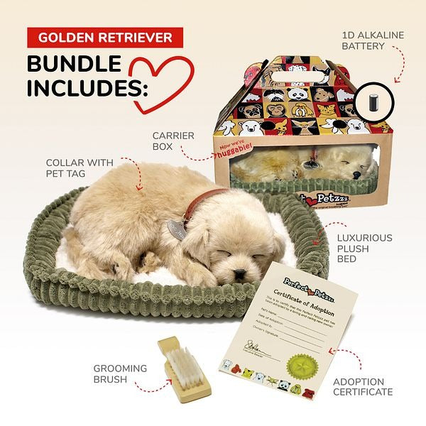 Perfect Petzzz Set, schlafender Golden Retriever, hellbraun, Kuscheltier, Bettchen, Bürste, Halsband, Adoptionsurkunde, Transportbox, Batterie, realistisch, atmend, Plüschtier, Haustier-Set, Geschenk.