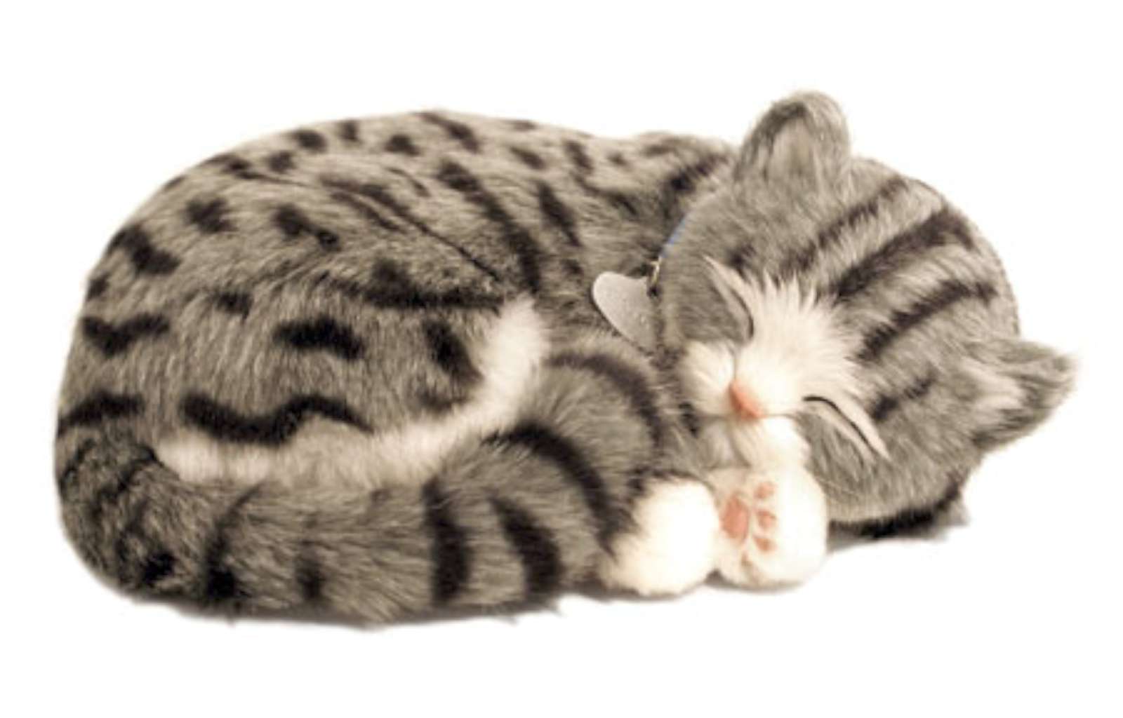 Perfect Petzzz, schlafende Katze, grau-getigert, Kuscheltier, atmend, realistisch, weich, Plüschtier, Haustier-Imitation, lebensecht, Dekoration, Kinder, Senioren, beruhigend, kompakt, Spielzeug.