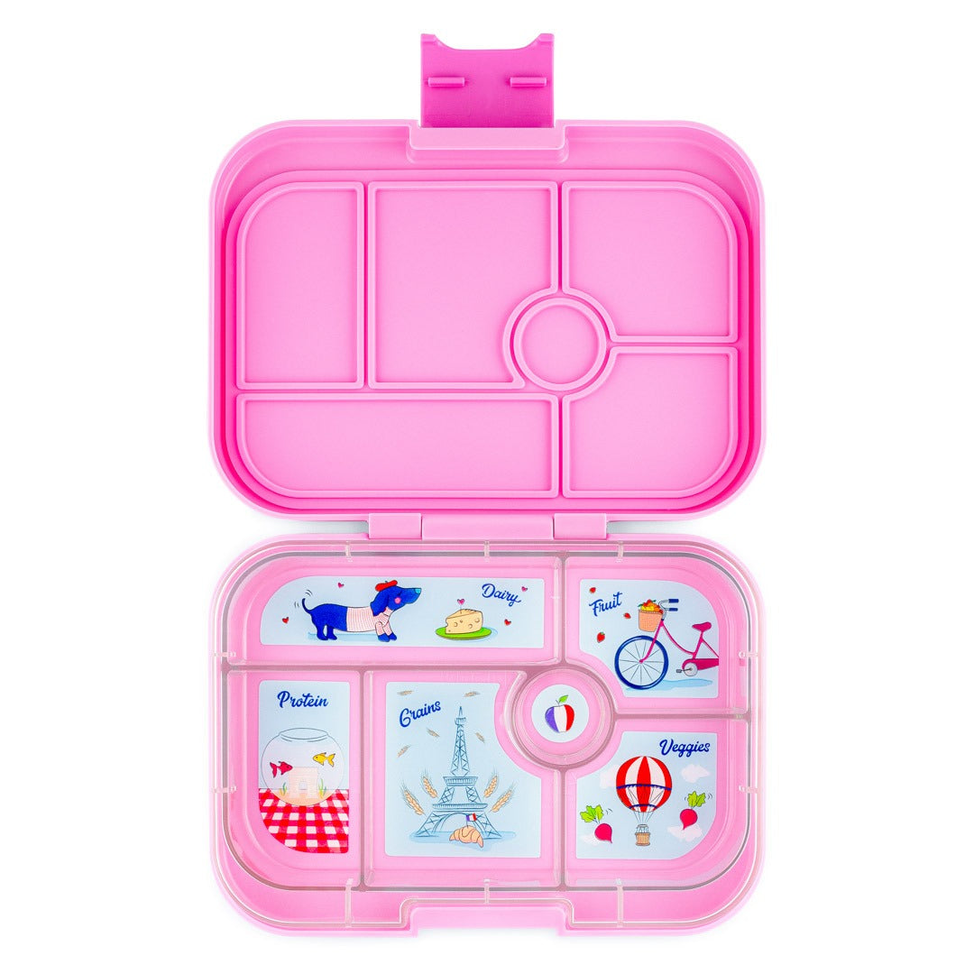Yumbox Original Fifi Pink, geöffnete Lunchbox, Bento Box, rosa, Unterteilungen, Illustrationen, Eiffelturm, Hund, Vesperdose, Kinder, auslaufsicher, robust, BPA-frei.