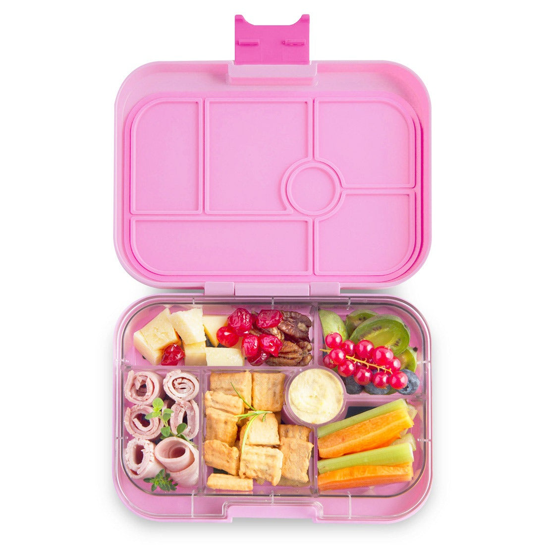 Yumbox Original Fifi Pink, geöffnete Lunchbox, Bento Box, rosa, Unterteilungen, Schinkenrollen, Käse, Johannisbeeren, Kiwi, Karotten, Sellerie, Cracker, Dip, gesund.