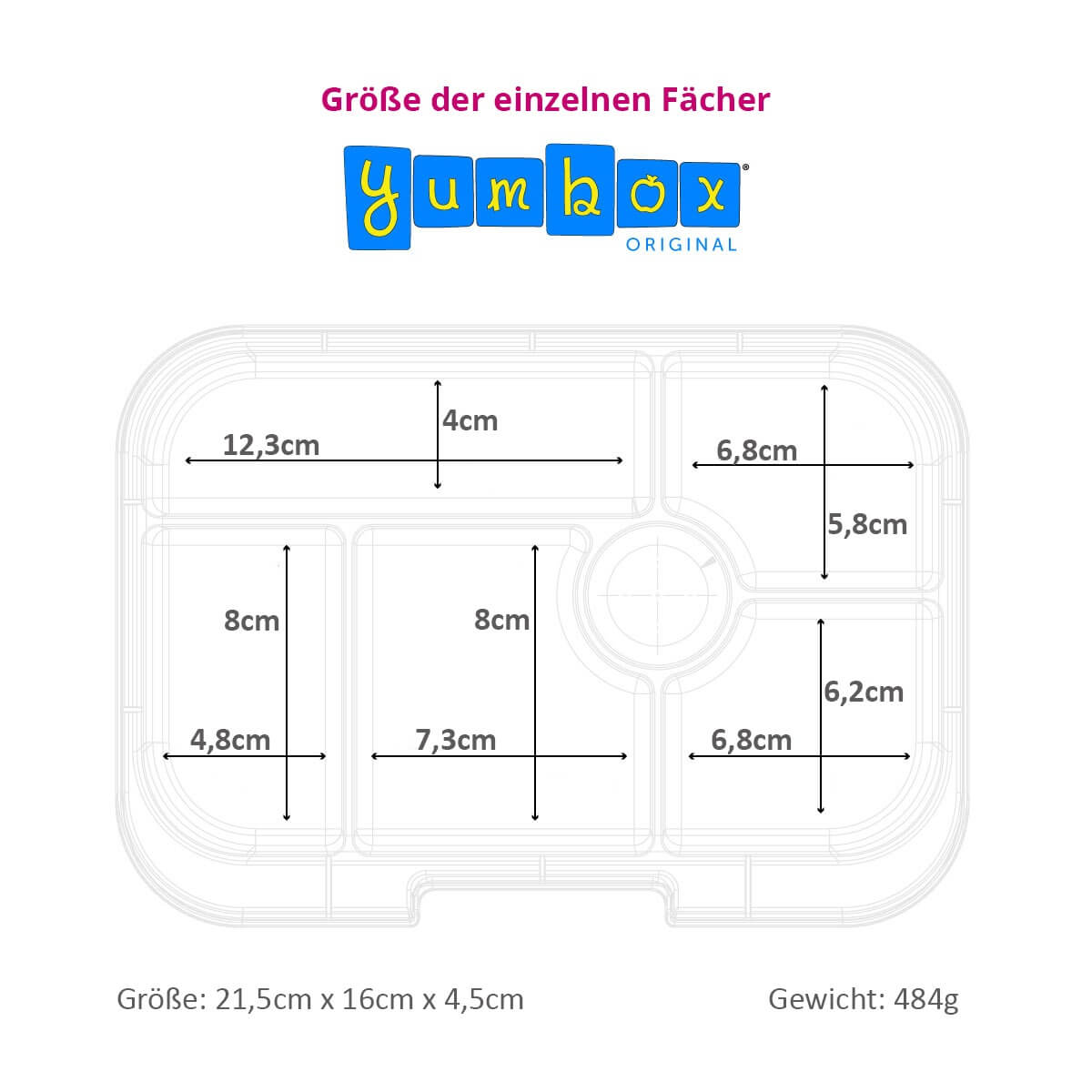 Yumbox Original Abmessungen, technische Zeichnung, Fächergröße, Zentimeterangaben, Gesamtmaße 21,5x16x4,5cm, Gewicht 484g, Brotdose, Bento Box, Details, Spezifikationen, Infografik, Produktmaße.