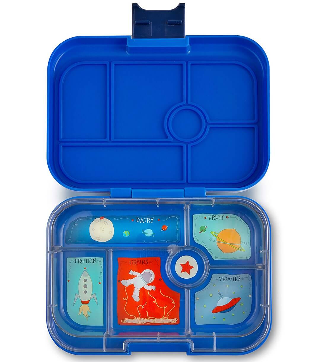 Yumbox, Lunchbox, Neptune Blue, blau, unterteilt, 6 Fächer, Original, auslaufsicher, Weltraum-Design, Astronaut, Planeten, BPA-frei, Schulfrühstück, Bento-Box, kindgerecht, stabil.