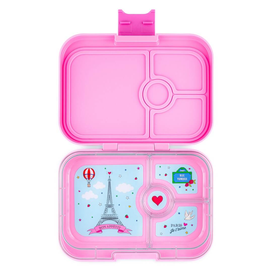 Yumbox Panino Lunchbox, Fifi Pink, Rosa, offen, vier Fächer, Eiffelturm Illustration, Paris Motiv, auslaufgeschützt, Bento-Box, Schule, BPA-frei, robust, Silikondichtung.