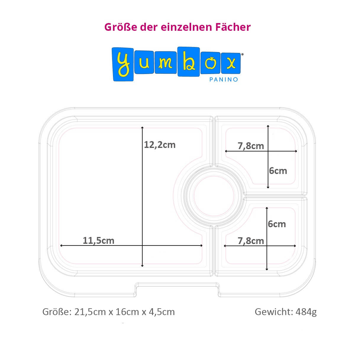 Yumbox Panino Maße, Fachgrößen, Zentimeter-Angaben, Gewicht 484g, Bento-Box-Skizze, vier Unterteilungen, technische Daten, Abmessungen, Pausenbox-Planung, Volumen, übersichtlich, Produktmaße, kompakt.