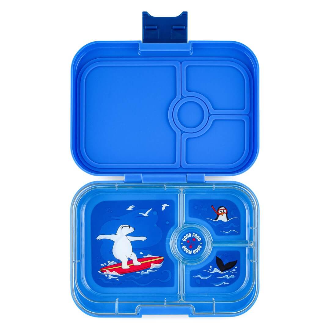 Yumbox Panino Lunchbox, Surf Blue, Blau, offen, vier Fächer, Illustration Eisbär, Pinguin, Wal, auslaufgeschützt, Bento-Box, Schule, BPA-frei, robust, Silikondichtung.