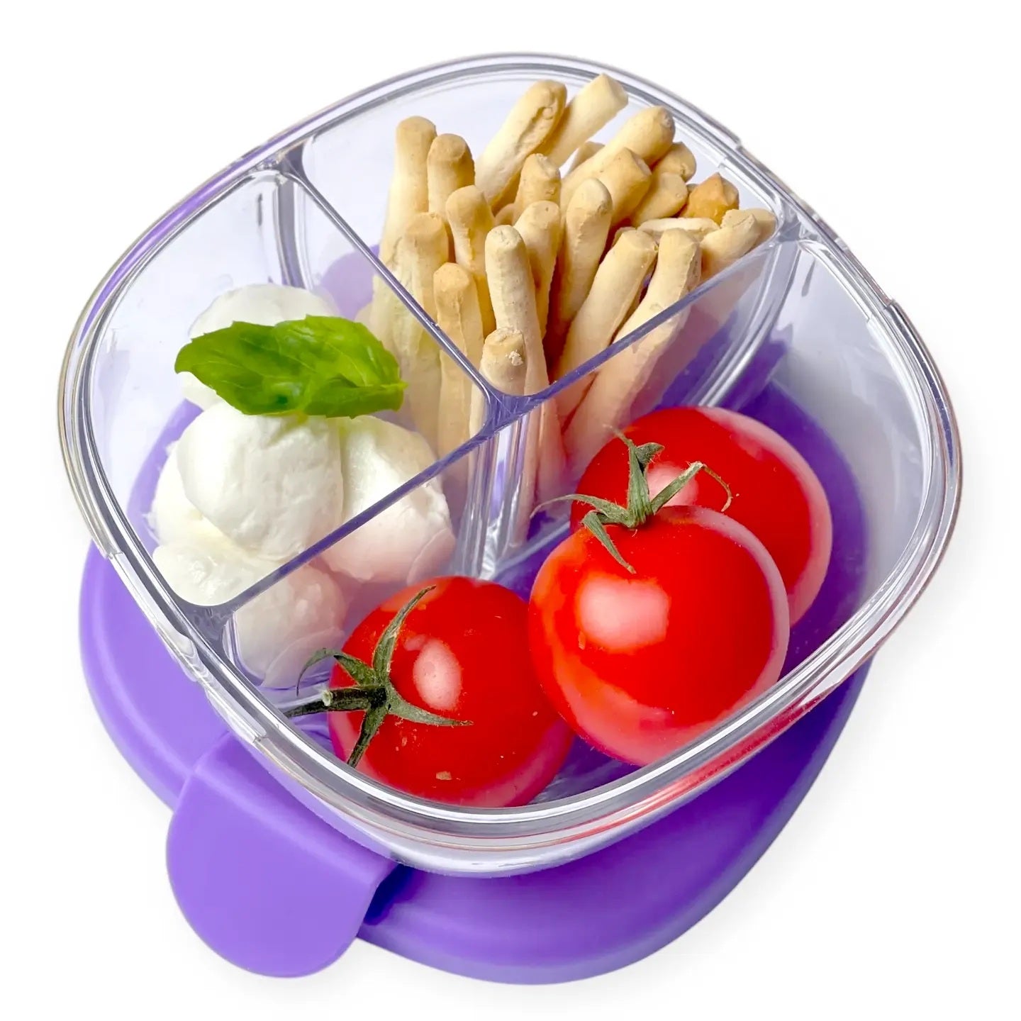 Yumbox, Snack Bowl, Haze Purple, lila, unterteilt, 3 Fächer, befüllt, Mozzarella, Basilikum, Grissini, Tomaten, transparent, Deckel, Bento, gesund, kindgerecht, Silikondichtung.